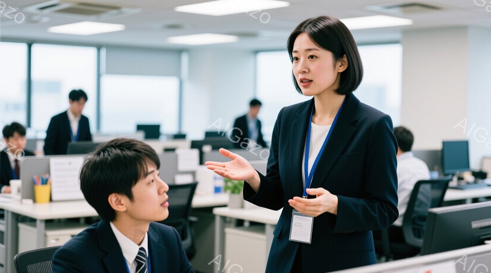 オフィス内で、一人の女性が男性に何かを説明している場面です。女性は黒いジャケットに白いブラウス、黒髪を肩の高さで切り揃えたヘアスタイルで、片手を広げてジェスチャーを交えながら話しています。背景には他のオフィスワーカーが座っており、明るく清潔感のあるオフィス環境が広がっています。