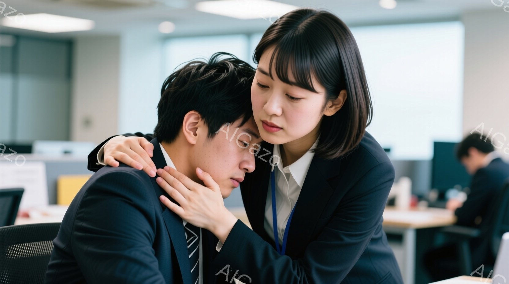 オフィスで肩を寄せ合う若い男性と女性が写っている。男性は黒いスーツを着ており、うつむき、悲しそうな表情をしている。女性は同じく黒いスーツを着て、男性の肩に手を置き、心配そうな顔で彼を見つめている。