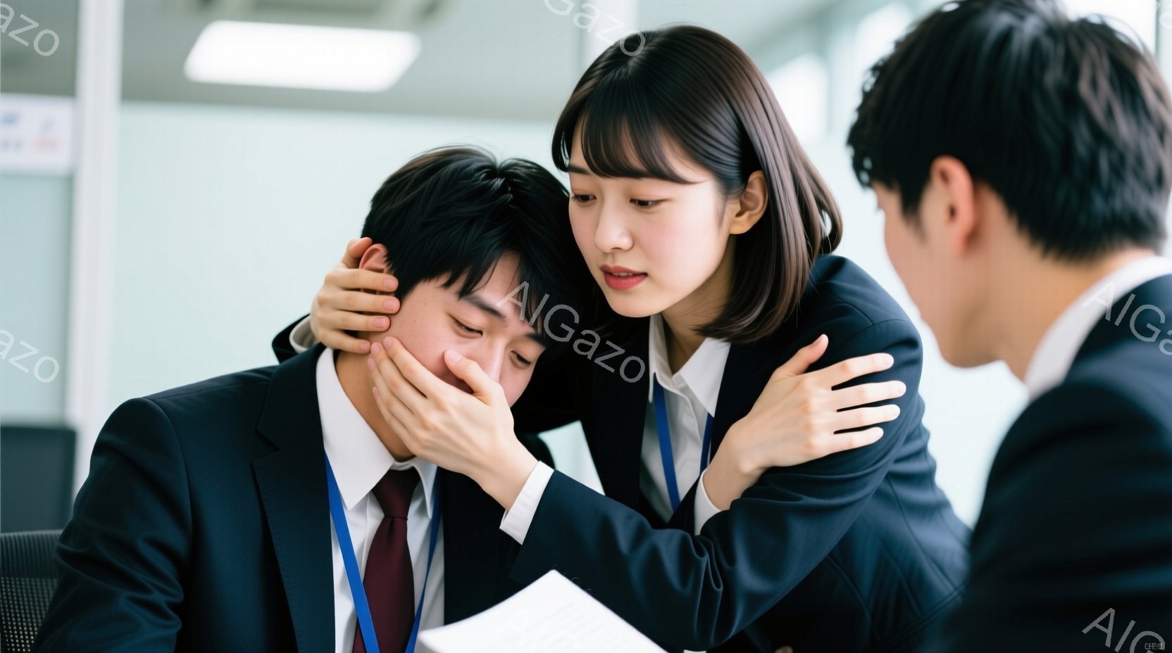 スーツを着た若い男性が涙を流しており、同僚の女性が彼を抱きしめて慰めている様子が写っています。男性は紺色のスーツに赤いネクタイ、女性は黒いジャケットに白いブラウス、共にIDカードを首から下げています。背景はオフィスの一室で、ガラス窓から自然光が差し込み、落ち着いた雰囲気です。