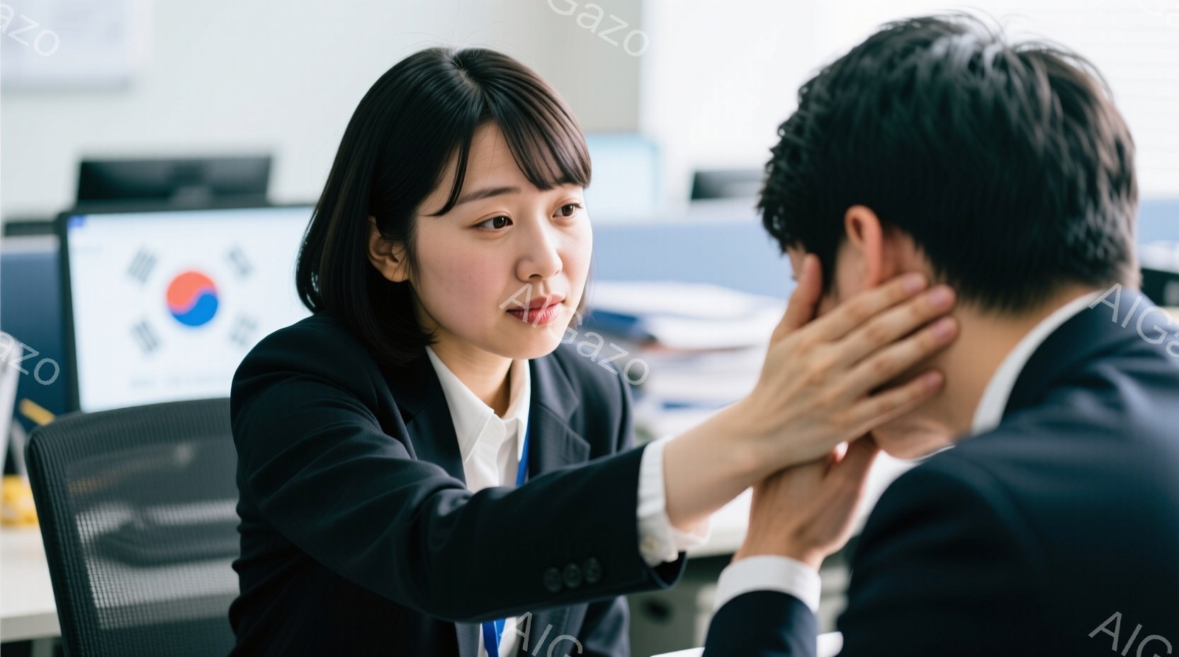 スーツ姿の女性と男性が映っている。女性は黒いジャケットに白いシャツを着ており、髪は短く、顔はやや心配そうな表情を浮かべている。男性は頭を手に当てており、女性がその肩に手を添えていることから、慰めている状況であることがわかる。