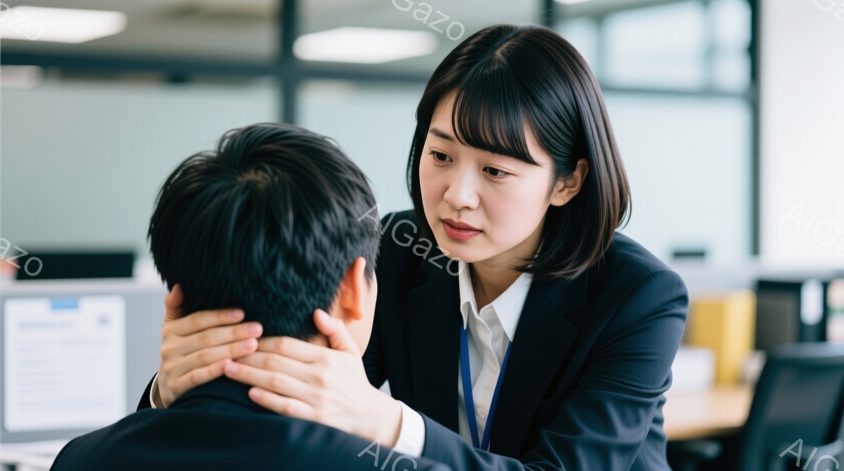 オフィス内で会話を行っている2人の女性が描かれています。1人はブラウンカットの髪型で、プロフェッショナルなビジネススーツを着用しており、対岸の女性はポニーテールの髪型に、恰好が休日風であるため、スーツよりもレジャーなアウトフィットを着ています。背景にはオフィス内の机と椅子が見え、彼女たちが座って話し合っているという雰囲気があります。表情は単調で、お互いに注意深く聞き取りを行っているようです。