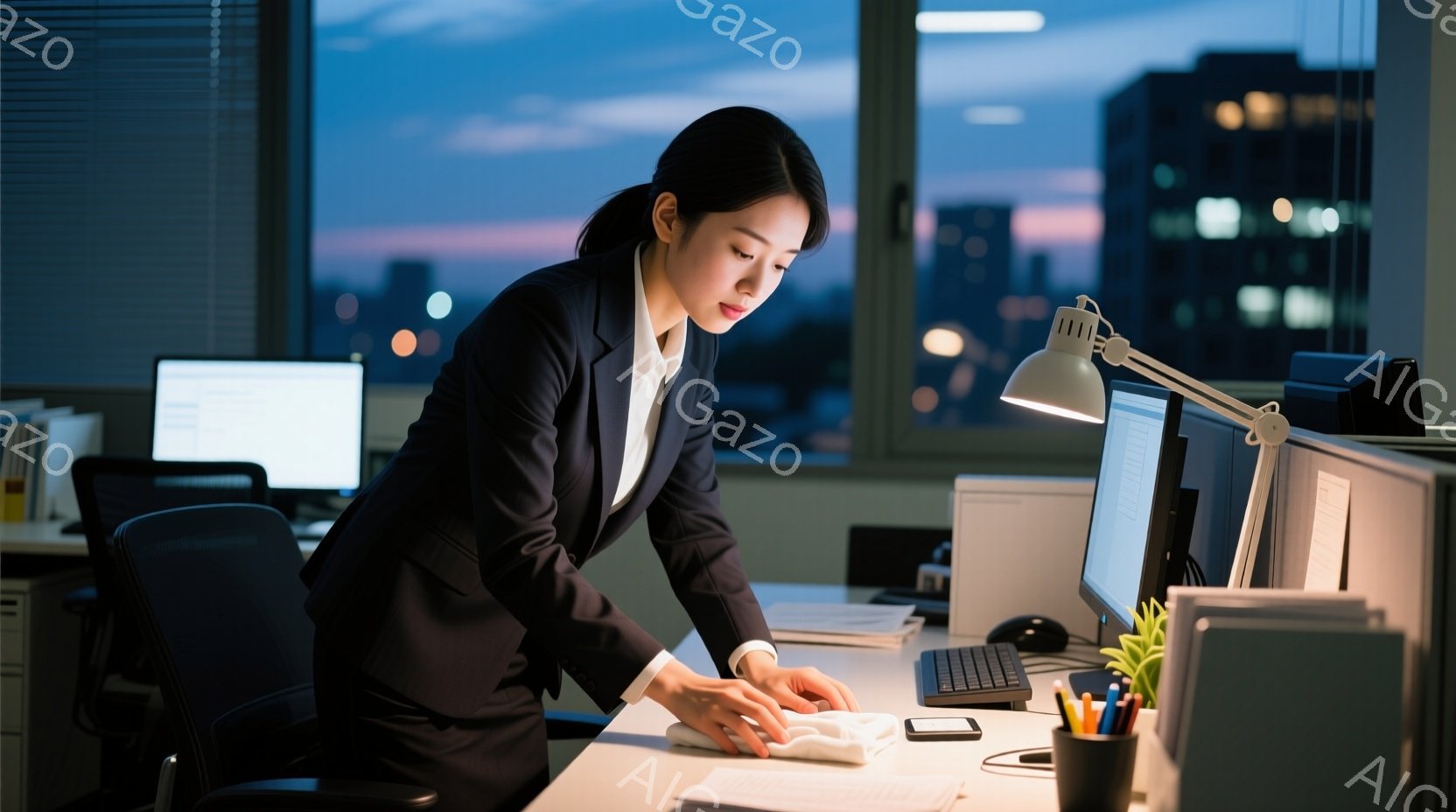 一人の女性がオフィスでデスクを拭いています。彼女は紺色のスーツと白いシャツを着ており、髪は後ろでまとめています。窓の外には夕暮れ時の都市の景色が広がり、オフィスにはデスクライトの光が差し込んでおり、真剣な表情で仕事に取り組んでいる様子が伺えます。