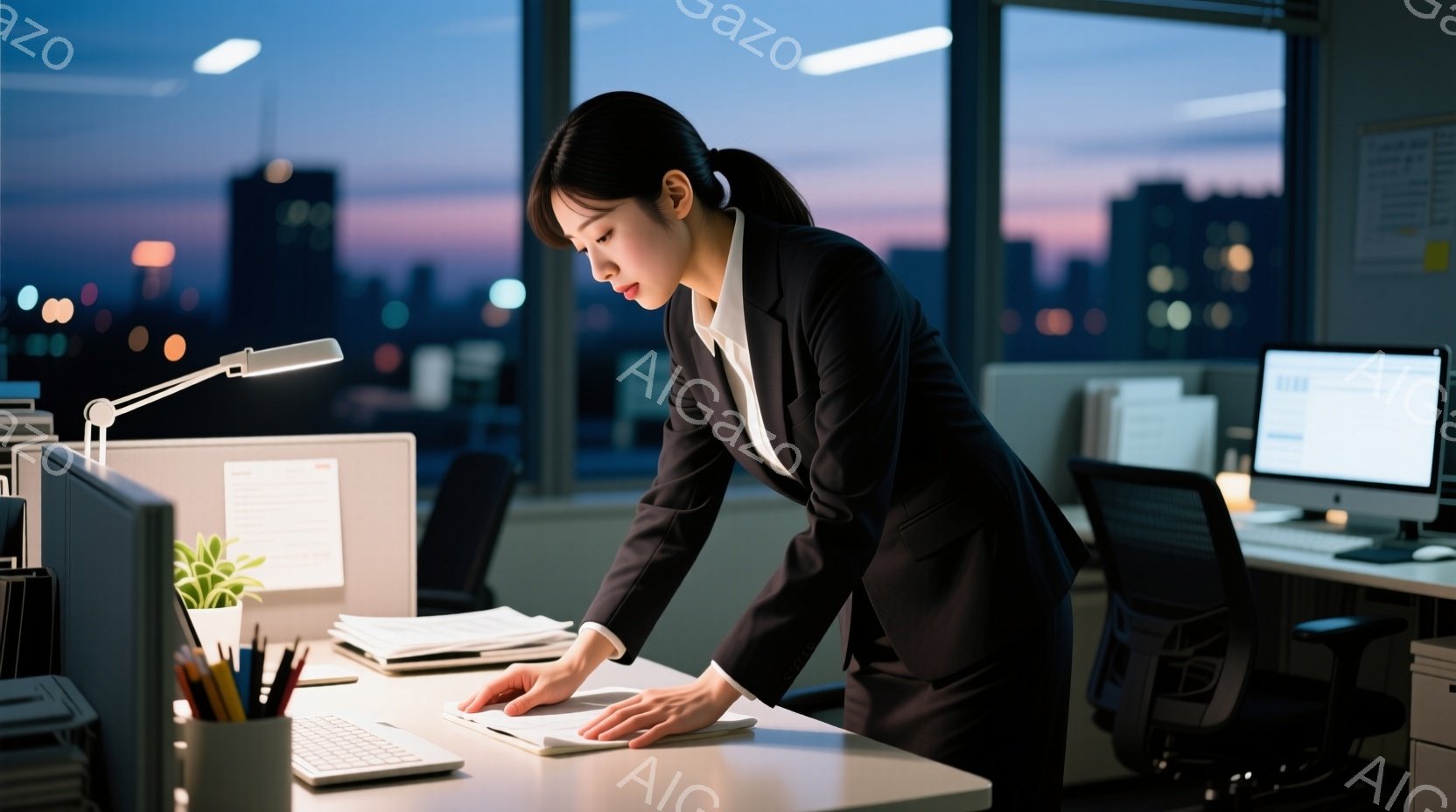 スーツを着た女性が、オフィスで書類に向かってかがみ込んでいる。彼女は黒髪を後ろで束ね、集中した表情で書類を確認しているようだ。背景には高層ビル群と夕焼け空が広がり、夜間のオフィスワークの雰囲気が漂っている。