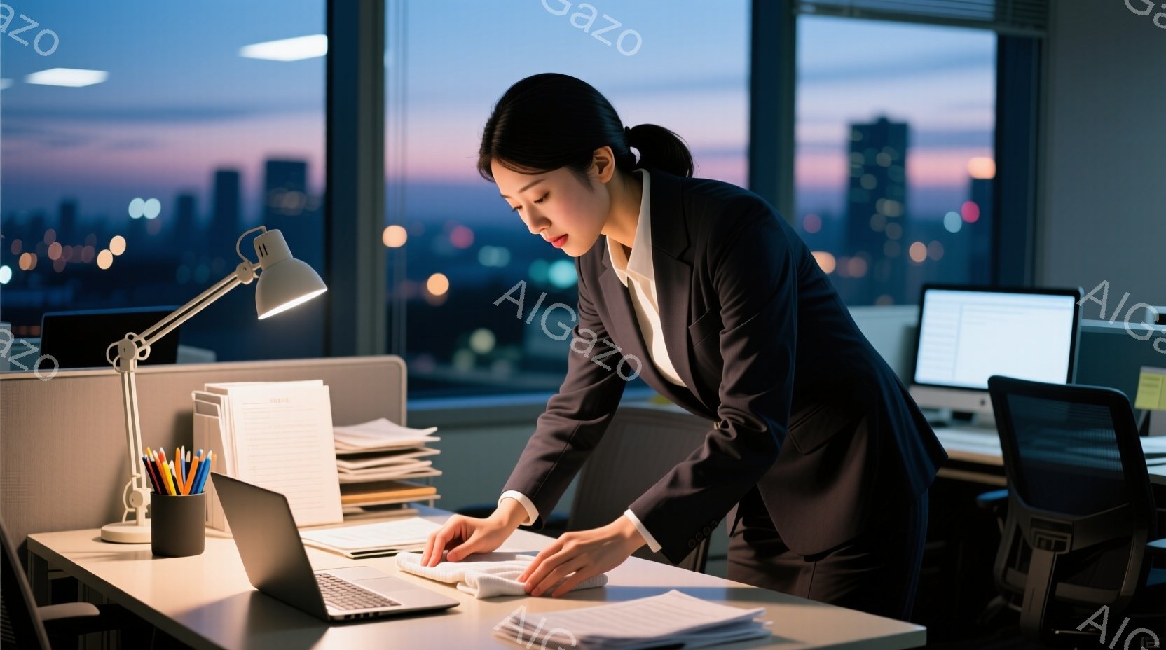 仕事着の女性がオフィスで書類に集中している。彼女は黒いスーツを着ており、髪は後ろでまとめていて、集中した表情で前かがみになっている。窓の外には夕暮れ時の都市の夜景が広がり、オフィス内はデスクライトの光 - AI生成フリー素材