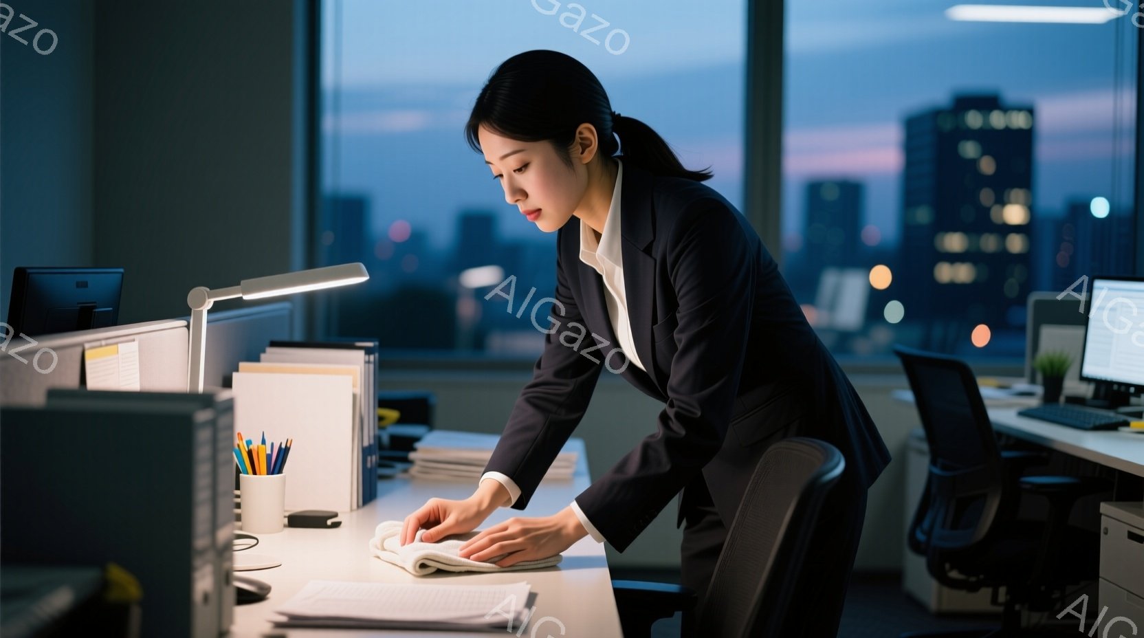 スーツを着た女性がオフィスで書類を抱えてかがんでいます。彼女は黒髪を後ろで束ね、疲れた表情で書類を確認しているようです。背景には夕焼けの空と高層ビル群が広がり、残業で遅くまで働くオフィスワーカーの寂しげな雰囲気を醸し出しています。