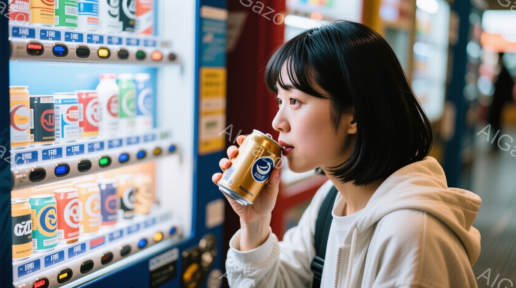 若い女性が自販機から購入したと思われる缶ジュースを飲んでいる写真です。彼女は肩までの長さの黒髪で、白いシャツを着ています。背景には様々な種類の缶が並んだ自販機があり、少しぼやけていますが、屋外の明るい日中の様子が伺えます。