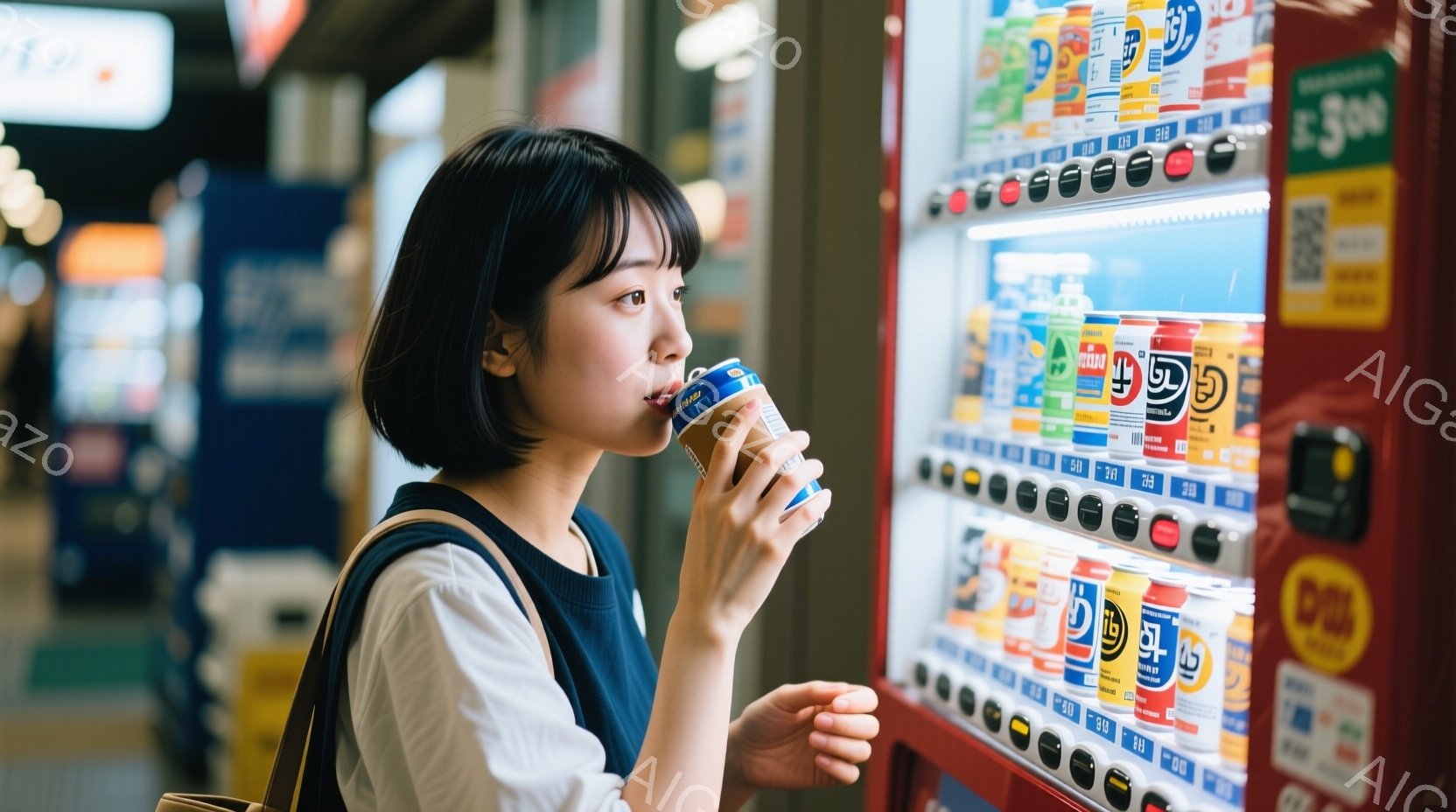 若い女性が自販機で購入したと思われる缶飲料を手に持っています。彼女は黒髪のショートヘアで、白いシャツに黒いバッグを背負っており、少し微笑んでいるように見えます。背景にはカラフルな飲み物が入った自販機が並び、明るい室内でリラックスした雰囲気が漂っています。