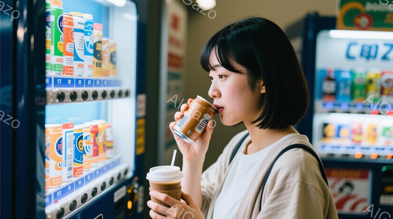 自動販売機の前に立つ若い女性が写っています。彼女は白いTシャツと肩掛けバッグを着ており、短くダークブラウンのヘアスタイルをしています。彼女は飲み物を手に持ち、別の飲み物を飲んでおり、リラックスした表情 - AI生成フリー素材