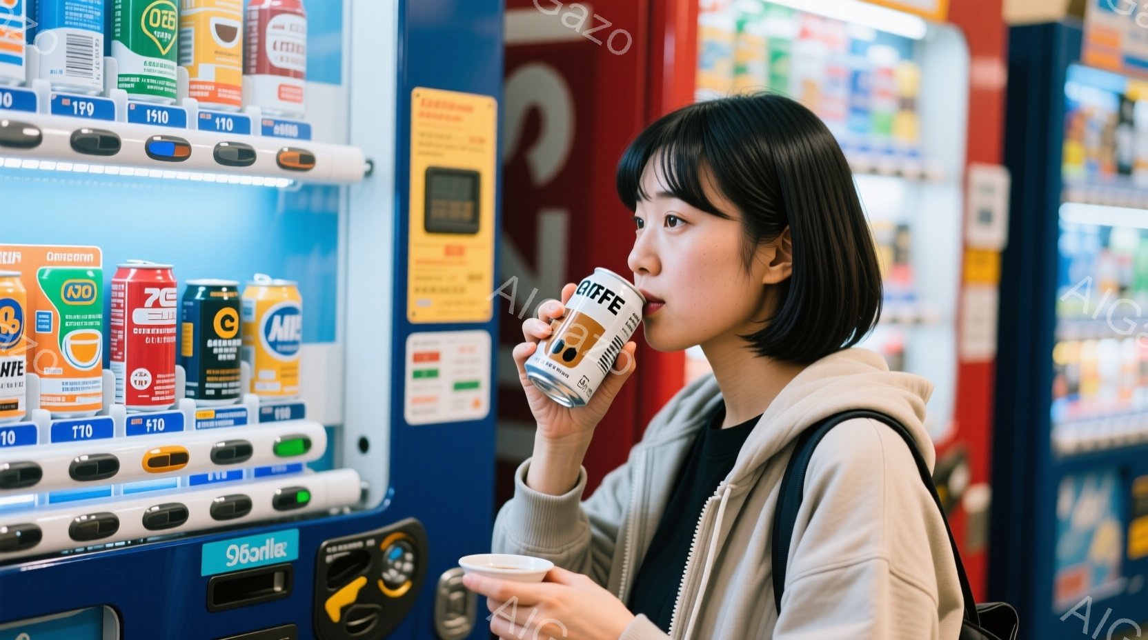 自動販売機の前で飲み物を手に持った若い女性が写っています。彼女は白いパーカーを着ており、前髪のあるダークブラウンのショートヘアです。少し横を向いていて、飲み物を手に持ちながらどこかを見つめている表情は、リラックスした雰囲気です。