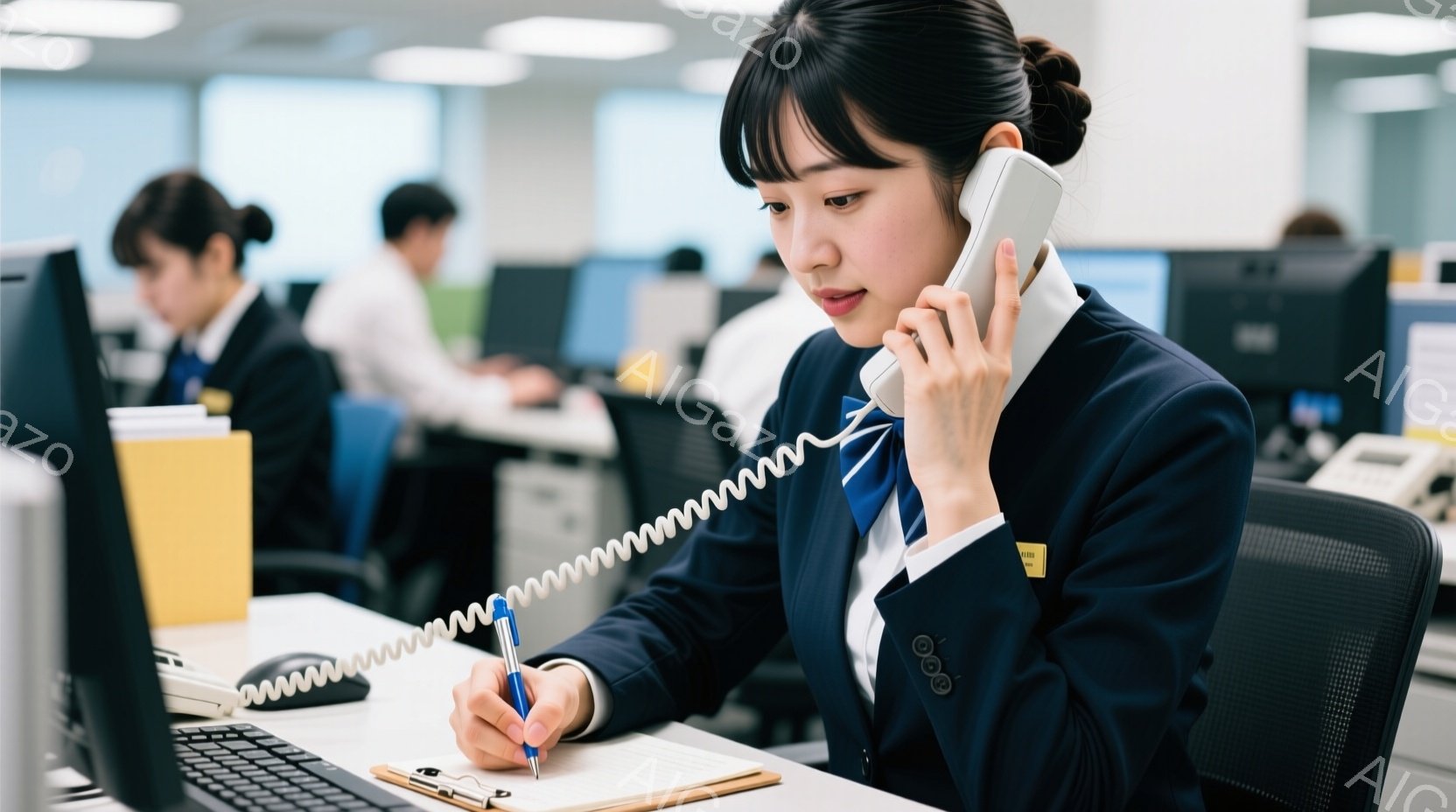 女性がオフィス内で電話をかけ、書類に記入しながら仕事を進める姿勢。彼女は短髪で、正装のシャツとブレザーを着用しています。背景には他のオフィス員が従業員として作業していることがわかります。雰囲気はプロフェッショナルであり、着実な態度が示されています。