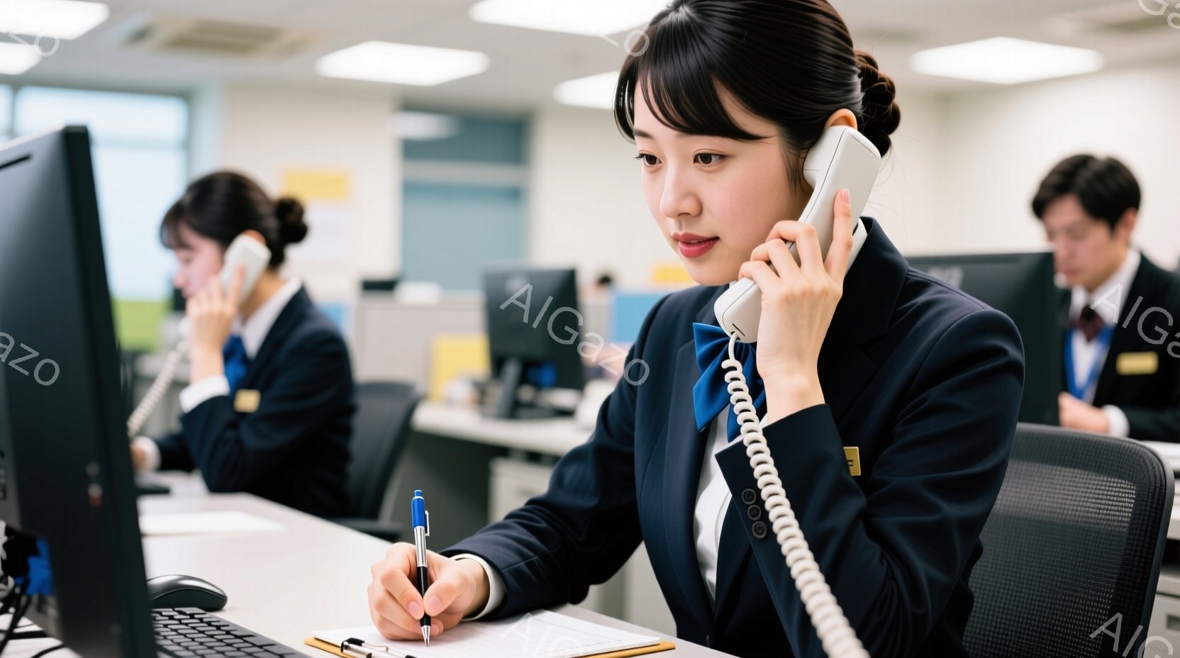 オフィスで電話対応をする女性が写っています。彼女は紺色のジャケットと白いシャツ姿で、髪は後ろでまとめられています。真剣な表情でペンを手に、メモを取りながら電話を聞いています。