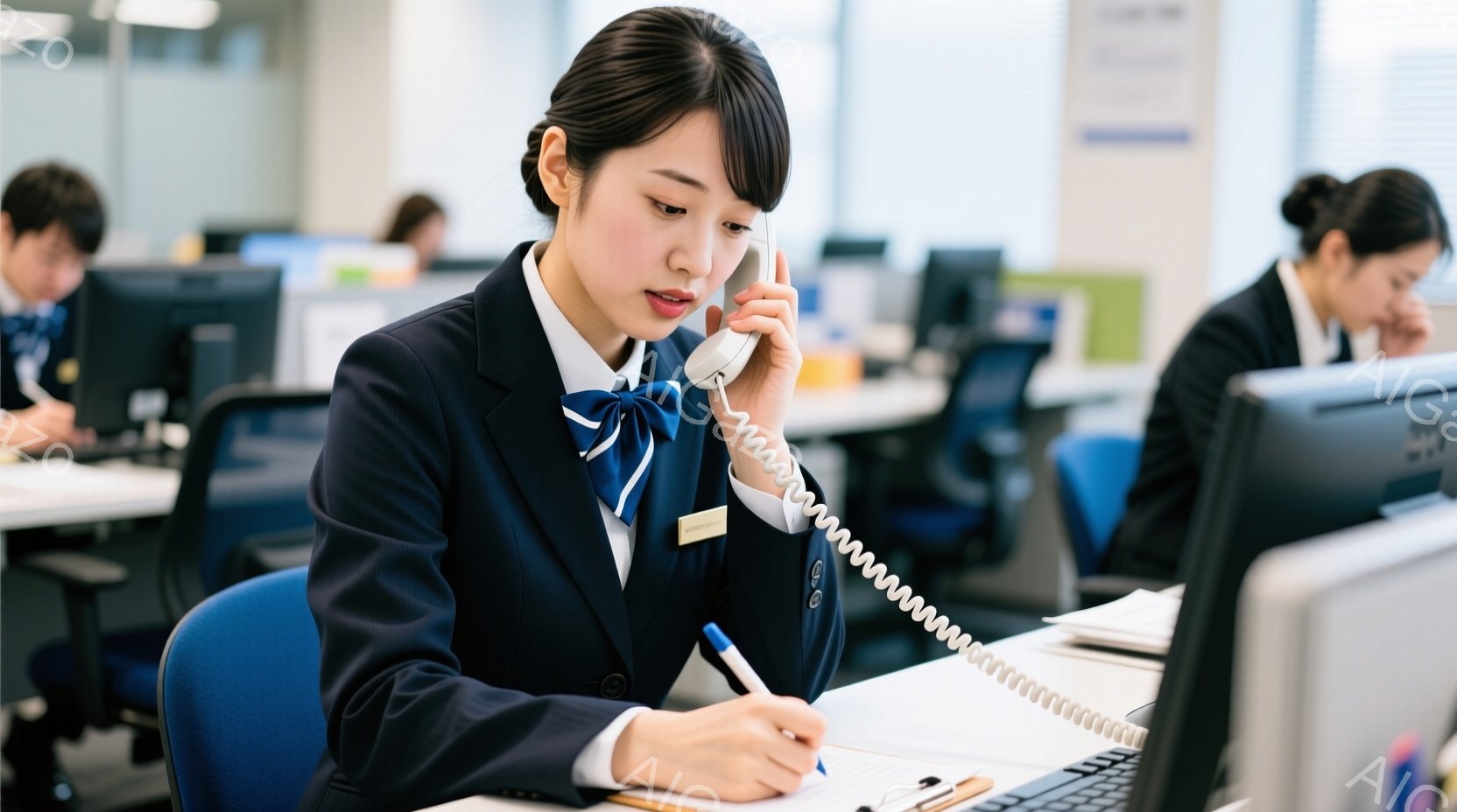 青い椅子に座り、電話に出ながらメモを取っている女性が写っています。彼女は紺色のジャケットと白いブラウス、ネクタイを着用し、髪は後ろでまとめられています。背景には、他の社員がコンピュータに向かって仕事をしているオフィスがあり、全体的に落ち着いた、プロフェッショナルな雰囲気です。