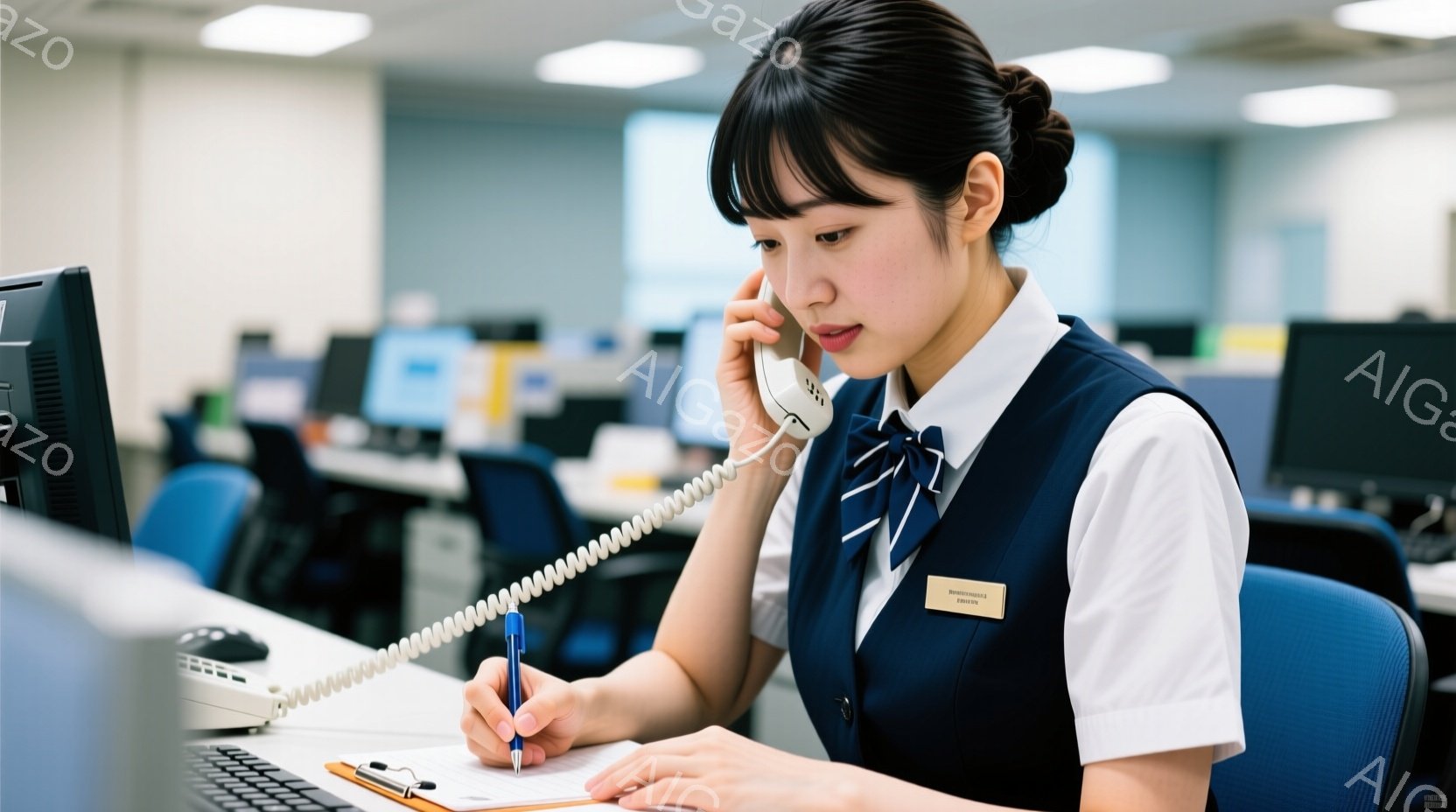 この女性は紺色のベストと白いシャツを着ており、左胸には名前の書かれた名札が付いています。彼女は電話を受けながら、ペンでメモ帳に何かを書き込んでおり、真剣な表情をしています。背景にはオフィスがあり、たくさんのコンピューターと机が並んでいます。