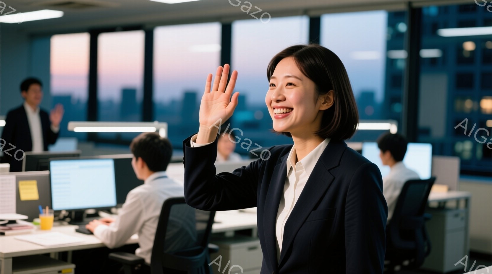 オフィスで働く人々が写っています。女性は紺色のスーツに白いシャツを着ており、満面の笑みを浮かべながら手を上げています。背景には、夕焼け空を背景にした高層ビル群が広がり、オフィス内は明るく活気のある雰囲 - AI生成フリー素材