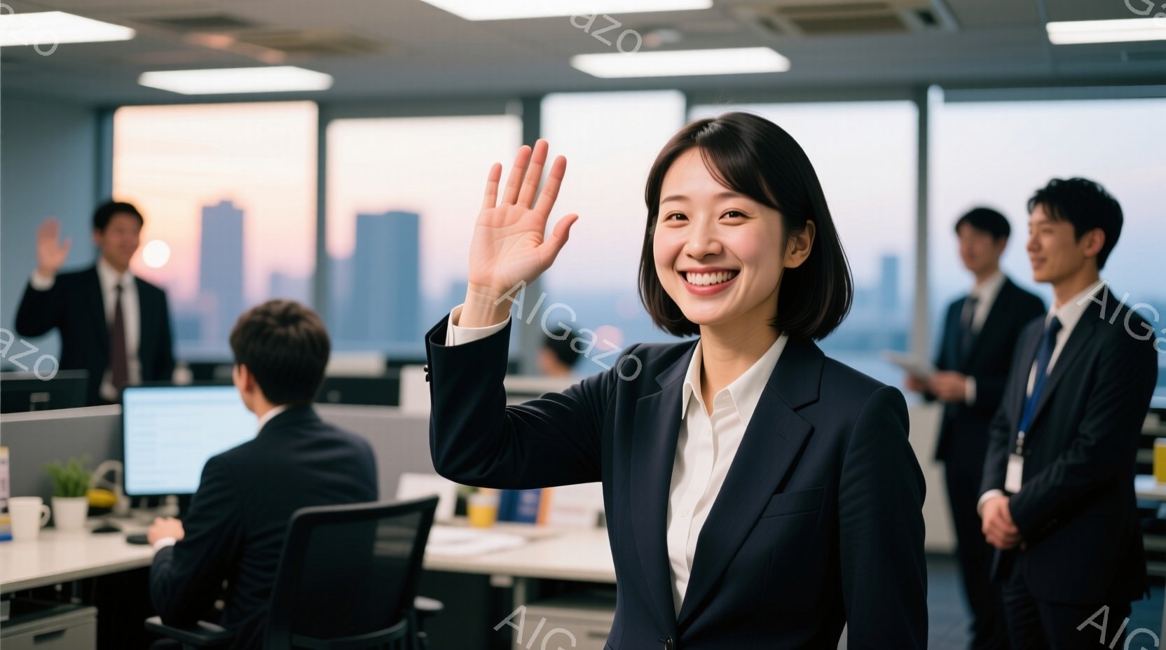 オフィスでビジネススーツを着た女性が写っています。彼女は笑顔で手を振っており、明るく親しみやすい印象を与えます。背景には、オフィス内の他の人々や、夕焼けに照らされた都市のスカイラインが見え、活気のある職場環境を示しています。