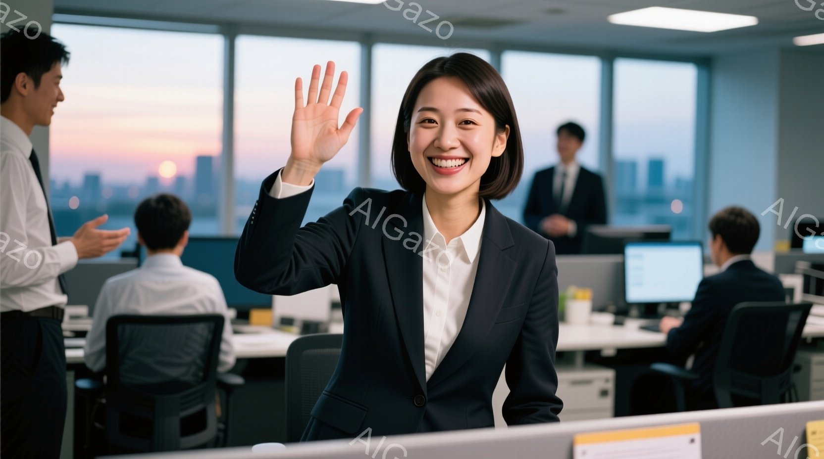 オフィスで働く女性が写っており、笑顔で手を振っています。彼女は黒いジャケットと白いシャツを着ており、髪は短く整えられています。背景には、夕焼け空とオフィスビルの風景が見え、明るく活気のある雰囲気が漂っています。