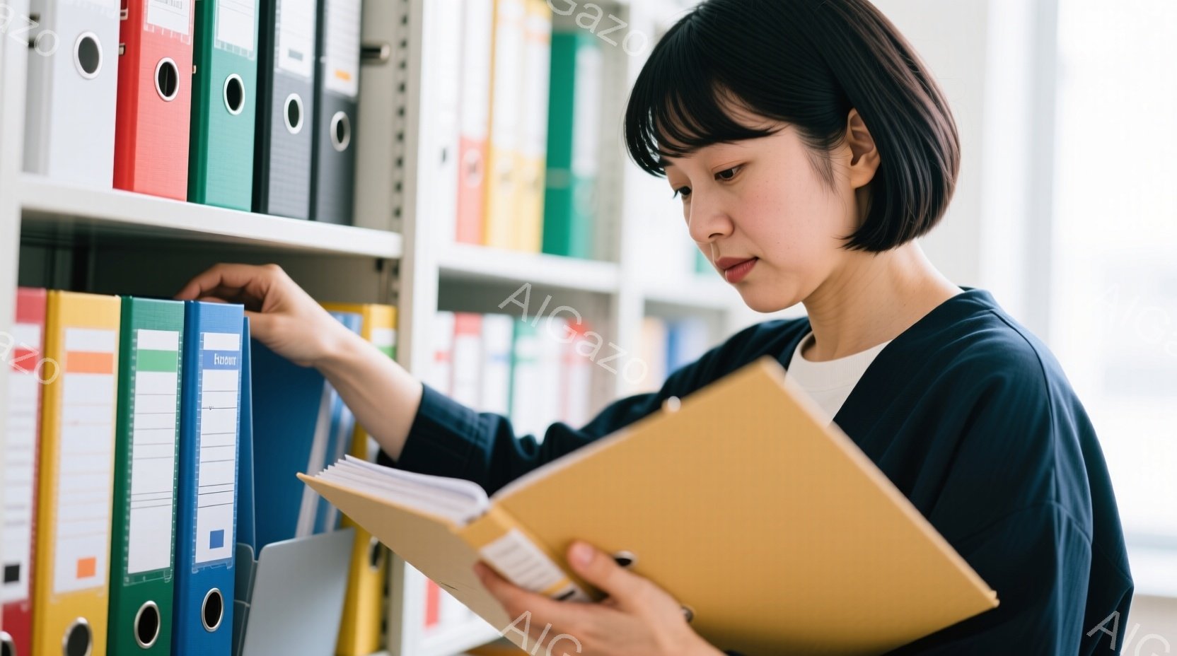 黒髪のショートヘアの女性が、書類が並んだ棚の前でベージュ色のファイルを開いて調べている。彼女は黒いジャケットと白いシャツを着ており、集中した表情でファイルを見つめている。背景には、様々な色のファイルが整然と並べられた白い棚が見え、室内は明るく整理整頓された雰囲気である。