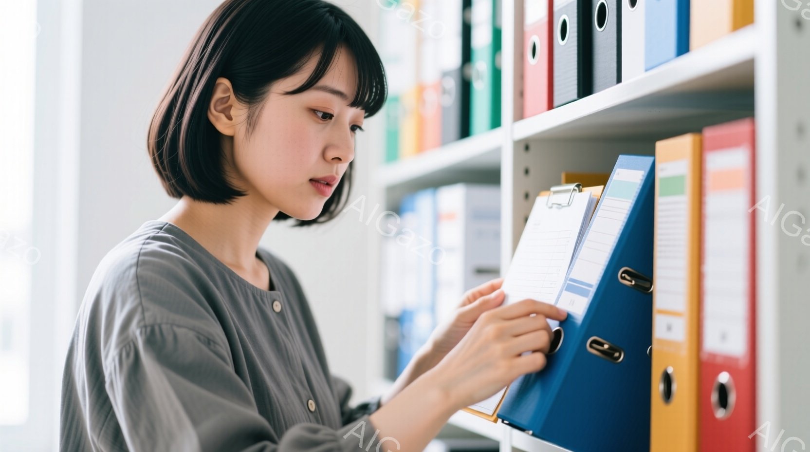 この日本人女性が登場します。彼女は髪をツーテイルに結んでおり、眉毛が整っています。彼女は、手で文書を持ってファイルのリストを見つめている姿勢をとっています。背景には、書類やカードが保管されたメタルシェルフィルングカセットが掲げられており、インテリアはオフィスのような照明であり、彼女の表情は集中しているように見えます。