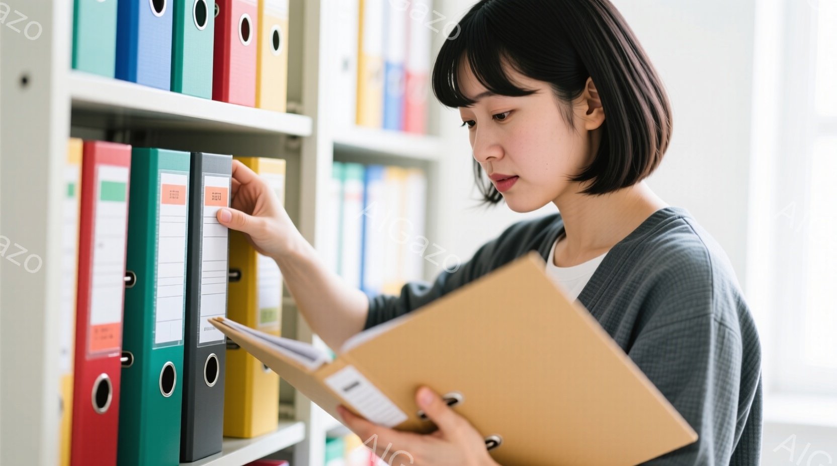 ショートヘアの女性が、ファイルが並んだ棚の前で、ベージュ色のファイルを開いて何かを確認しています。彼女はグレーのセーターを着ており、少し真剣な表情でファイルを見つめています。背景にはカラフルなファイルが整然と並び、全体的に落ち着いた雰囲気です。