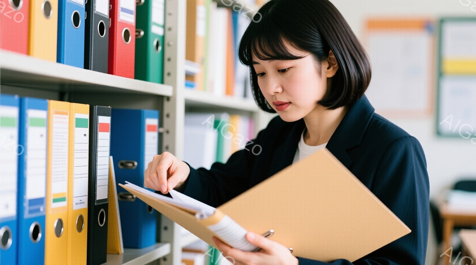 女性が書類を調べる形式で、背景はファイルカードと書斗の環境。彼女はブレザーを着て、注意深く書類に目を通している。