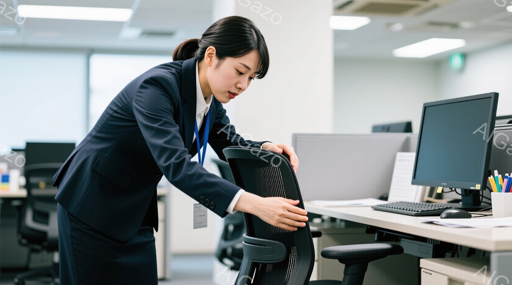 紺色のスーツに白シャツを着た女性が、オフィスチェアの背もたれを調整している。彼女は髪を後ろでまとめ、真剣な表情で作業に取り組んでいるように見える。背景には他のオフィスチェアや机があり、明るく清潔なオフィス空間が広がっている。