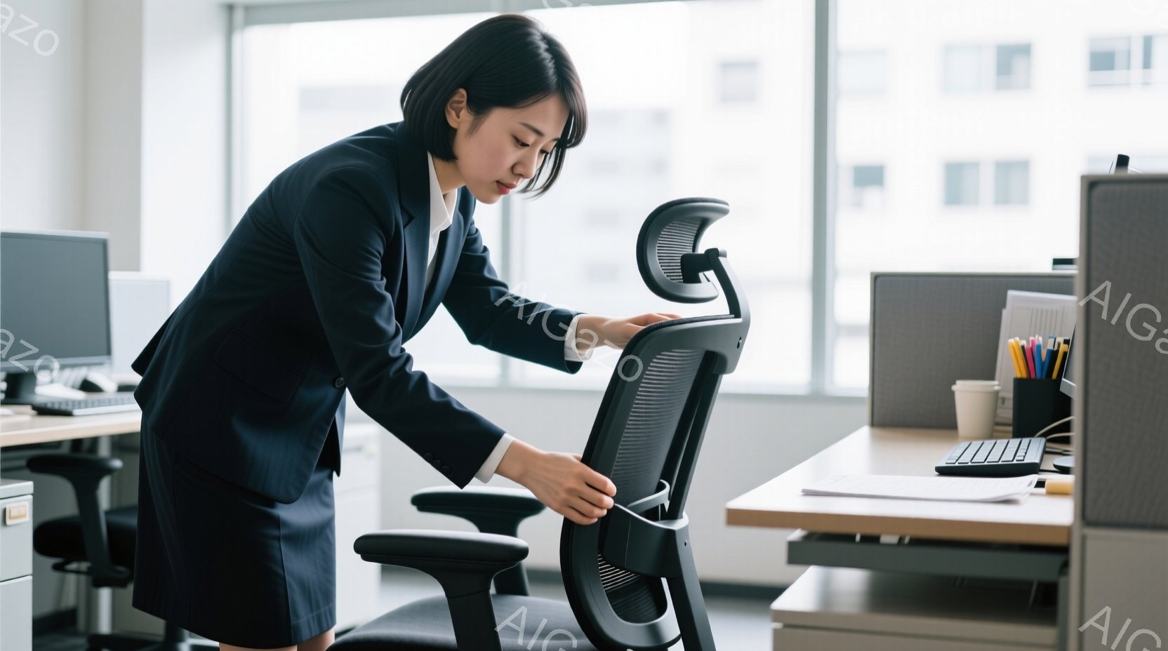 黒いスーツに身を包んだ女性が、オフィスチェアの調整を行っています。彼女は黒髪を後ろにまとめ、真剣な表情で椅子の背もたれ部分を掴んでいます。背景には木製のデスクとオフィス内の様子が見え、明るい光が差し込 - AI生成フリー素材