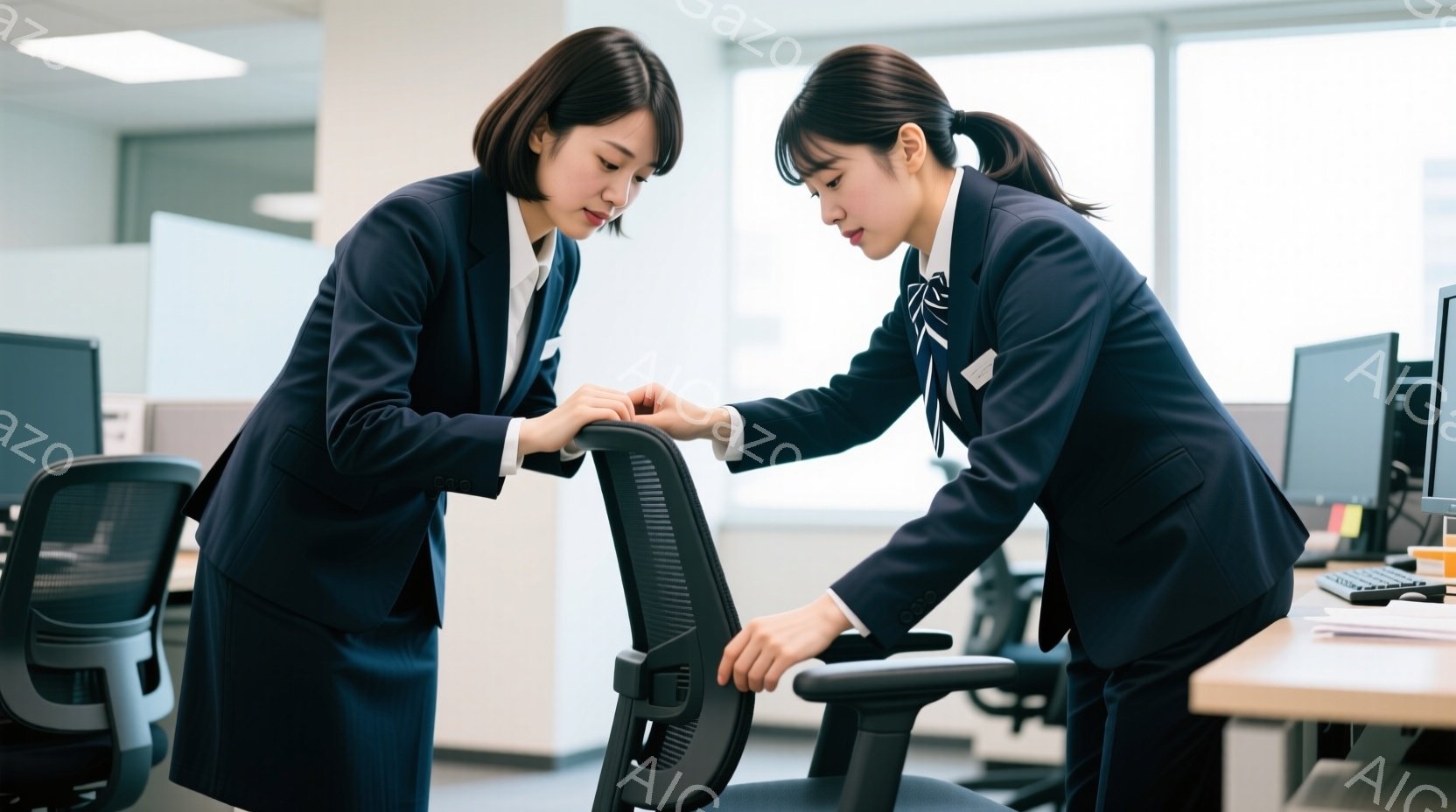 紺色のストライプのジャケットとスカートのスーツを着た二人の女性が、オフィスで椅子を調べています。彼女たちは黒髪で、片方の女性は椅子を指し示し、もう一人はそれを見つめています。背景にはオフィスデスクやモニターが見え、明るく清潔な印象を与えています。