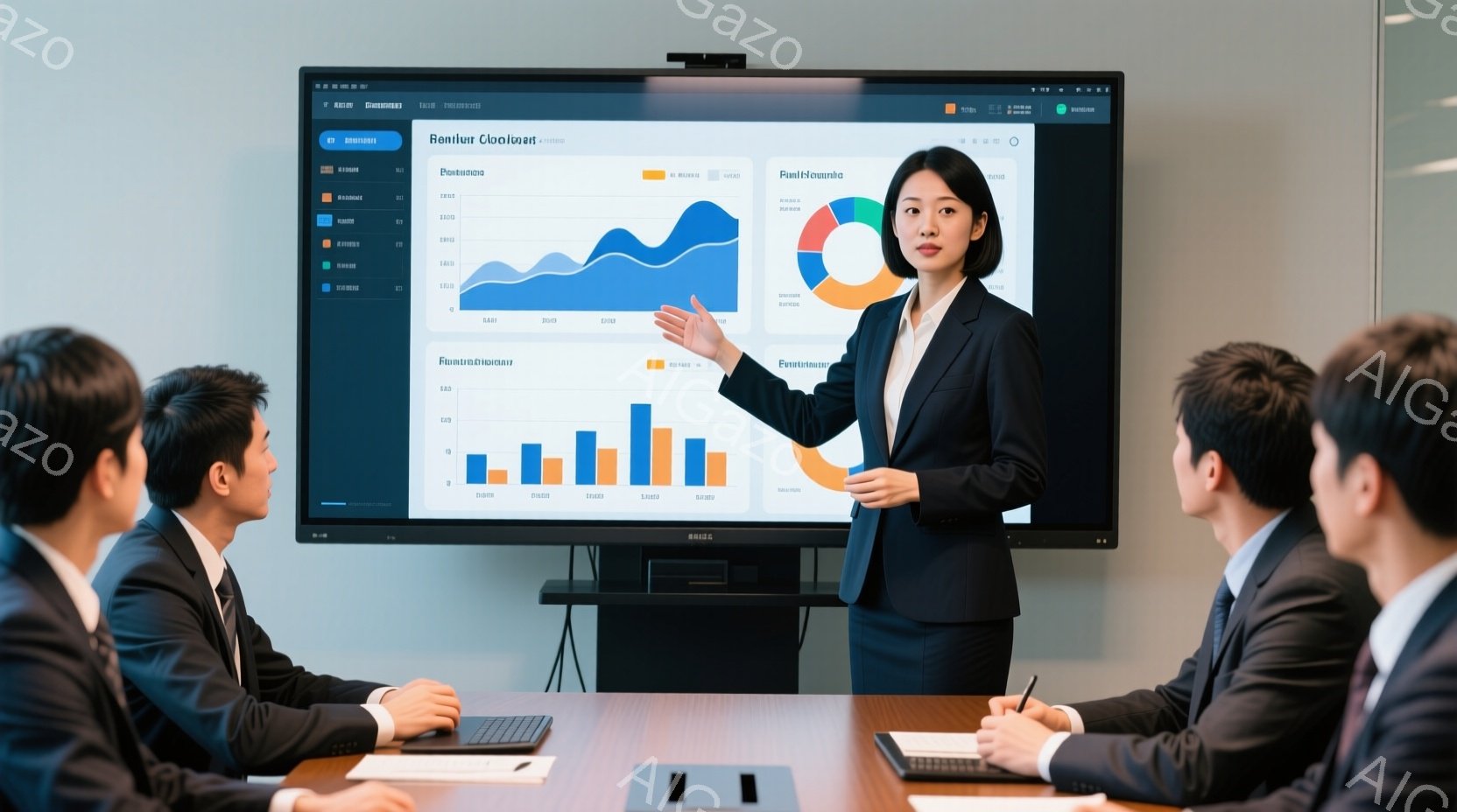 会議室で女性がプレゼンテーションを行っている様子が写っている。彼女は黒いスーツを着ており、髪は後ろにまとめられている。彼女はグラフが表示された大きな画面を指し示し、参加者はテーブルを囲んで彼女の話に耳を傾けている。