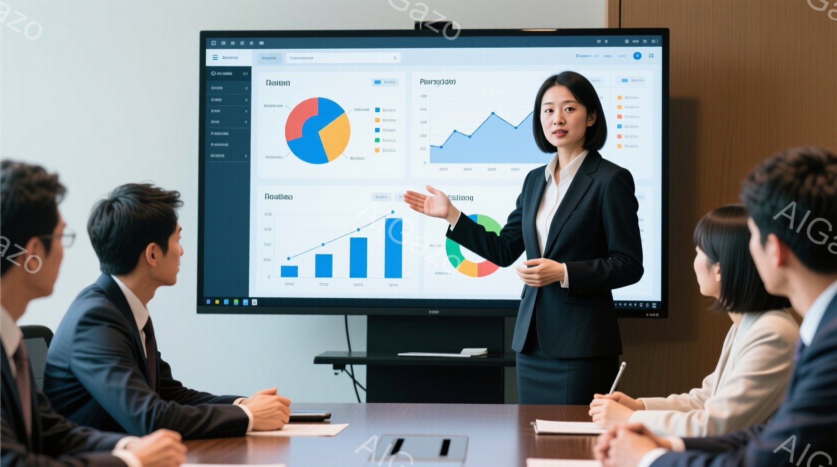 ビジネスシーンの画像で、女性がプレゼンテーションを行っています。彼女は黒いスーツを着用し、髪は後ろでまとめており、真剣な表情で画面を指し示しています。参加者は皆スーツ姿で、テーブルを囲んで彼女のプレゼンテーションに注目しており、背景には大きなモニターとシンプルな内装の会議室が見えます。