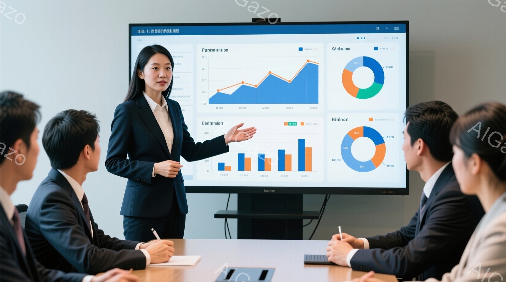 一人の女性がプレゼンテーションをしており、背景にはグラフが表示された大きな画面があります。彼女は黒いジャケットと白いシャツを着ており、髪は後ろでまとめています。周囲には3人の男性がおり、彼女の説明に耳を傾けている様子で、フォーマルなビジネスシーンの雰囲気です。