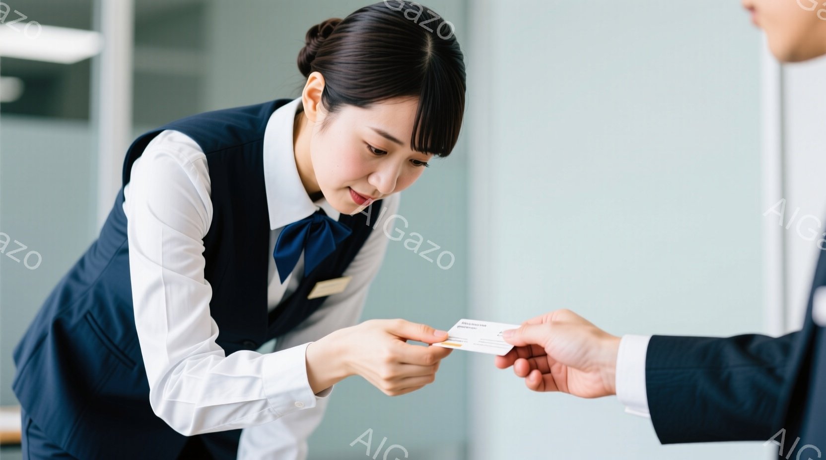制服姿の女性が、男性から名刺を受け取ろうとしている場面です。彼女は紺色のベストと白いブラウス、そして同色のリボンを着用し、髪は後ろでまとめています。背景はオフィスのような室内で、明るく清潔な印象を与えます。