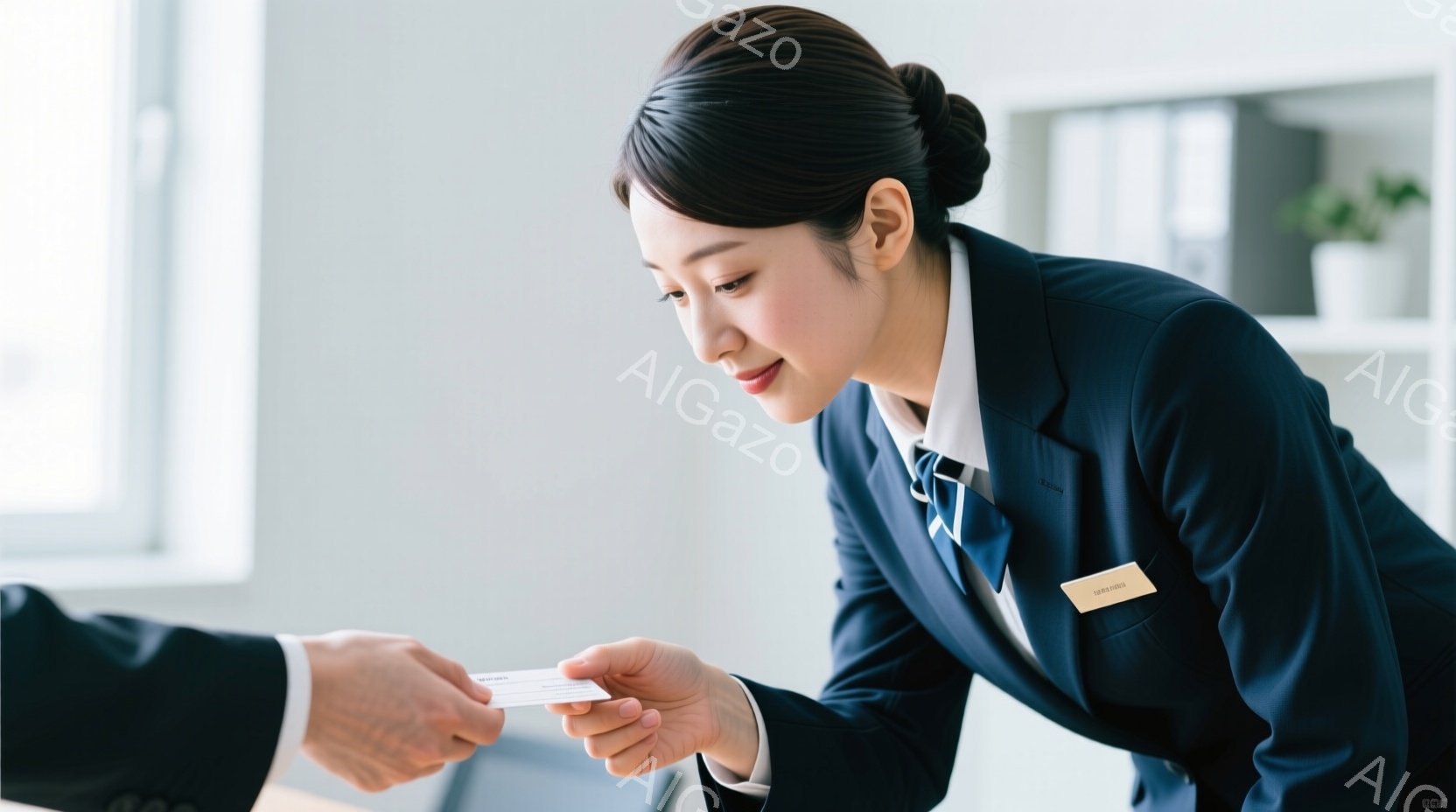 制服を着た女性が、名刺を誰かに渡している場面です。彼女は黒髪を後ろでまとめ、微笑みを浮かべ、姿勢も良く、丁寧な印象を与えます。背景にはオフィスらしき室内が見え、書類や観葉植物が置かれ、落ち着いた雰囲気です。