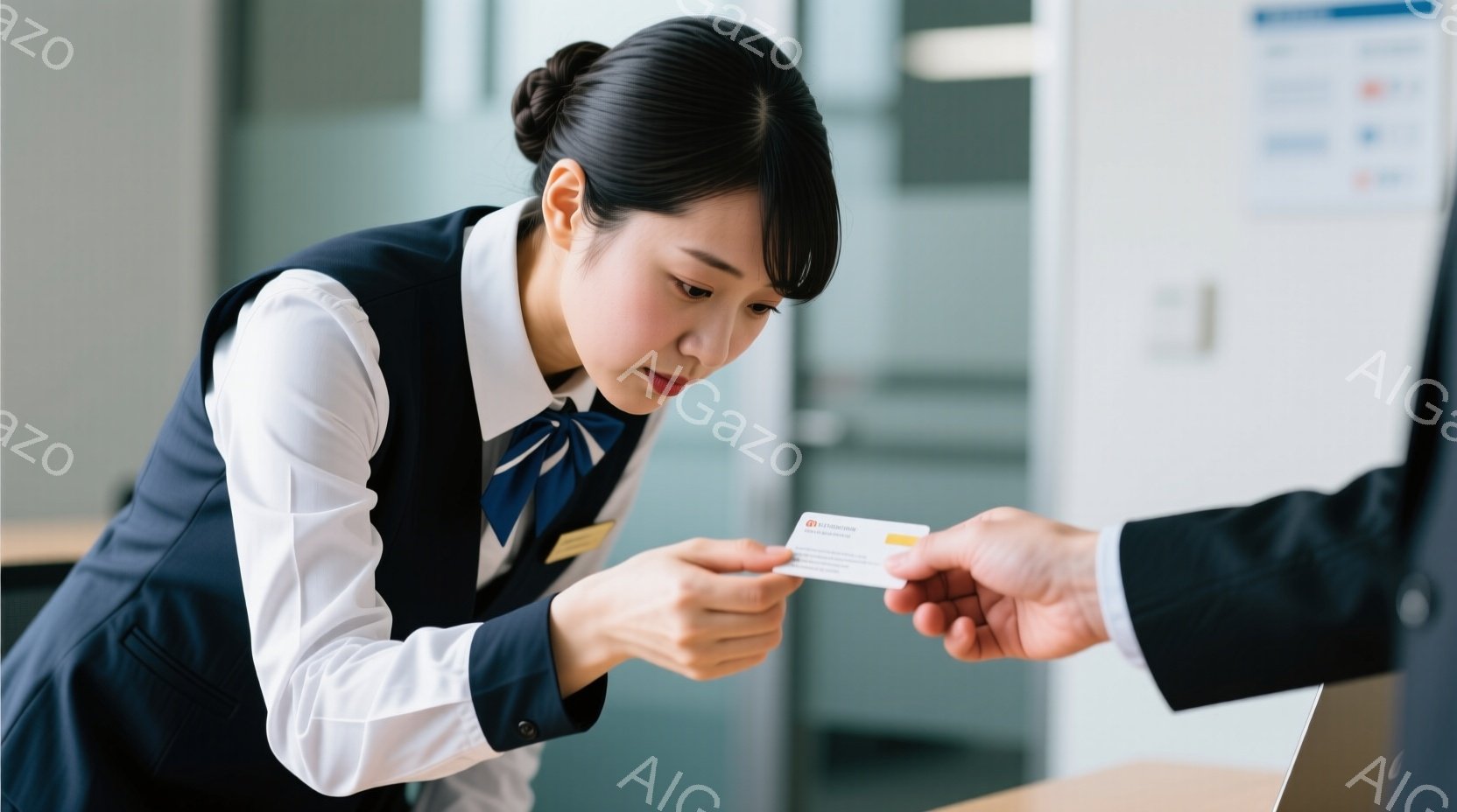 制服を着た若い女性が映っています。彼女は白いブラウスにネイビーのベスト、そして濃いスカートを着用しており、髪は後ろでまとめられています。彼女は誰かから名刺を受け取ろうとしており、少し下を向いて集中した表情をしています。