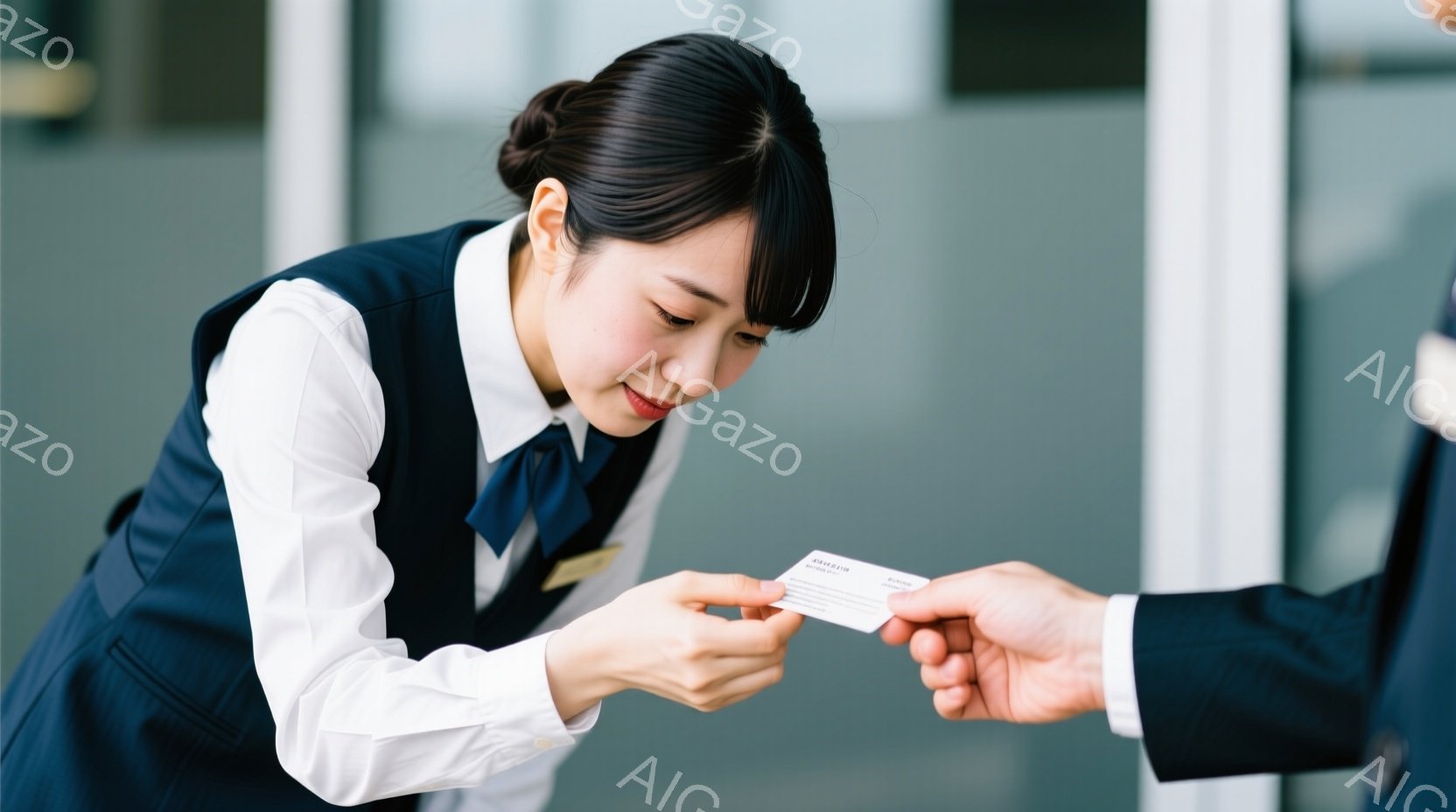一人の女性が紺色のベストと白いシャツを着て、名刺を受け取ろうとしています。彼女は黒髪で、微笑みながら丁寧に名刺を受け取る姿勢を見せています。背景はガラス張りの建物で、ビジネスシーンを連想させる落ち着いた雰囲気です。