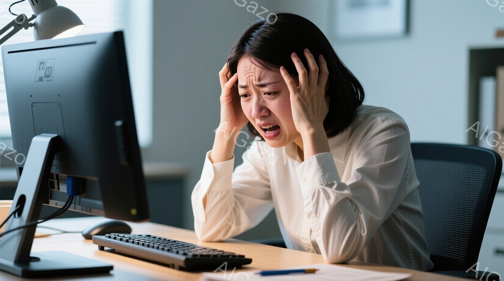 一人の女性がデスクでパソコンに向かって座っており、非常に苦痛な表情をしています。彼女は白いシャツを着ており、髪は後ろでまとめています。背景にはオフィス環境が見え、デスクの上にはキーボードやペンなどが置かれていますが、全体的に暗く、ストレスや疲労を感じさせる雰囲気です。