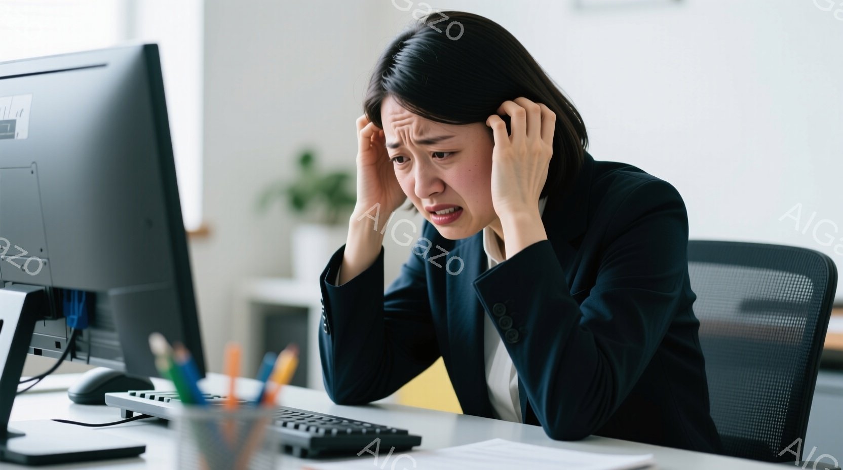 オフィスでパソコンに向かう女性が写っている。彼女は黒いスーツを着ており、髪は後ろでまとめられているが、困ったような表情で両手で頭を抱えている。背景にはオフィス家具や書類が見え、全体的にストレスを感じさせる雰囲気である。
