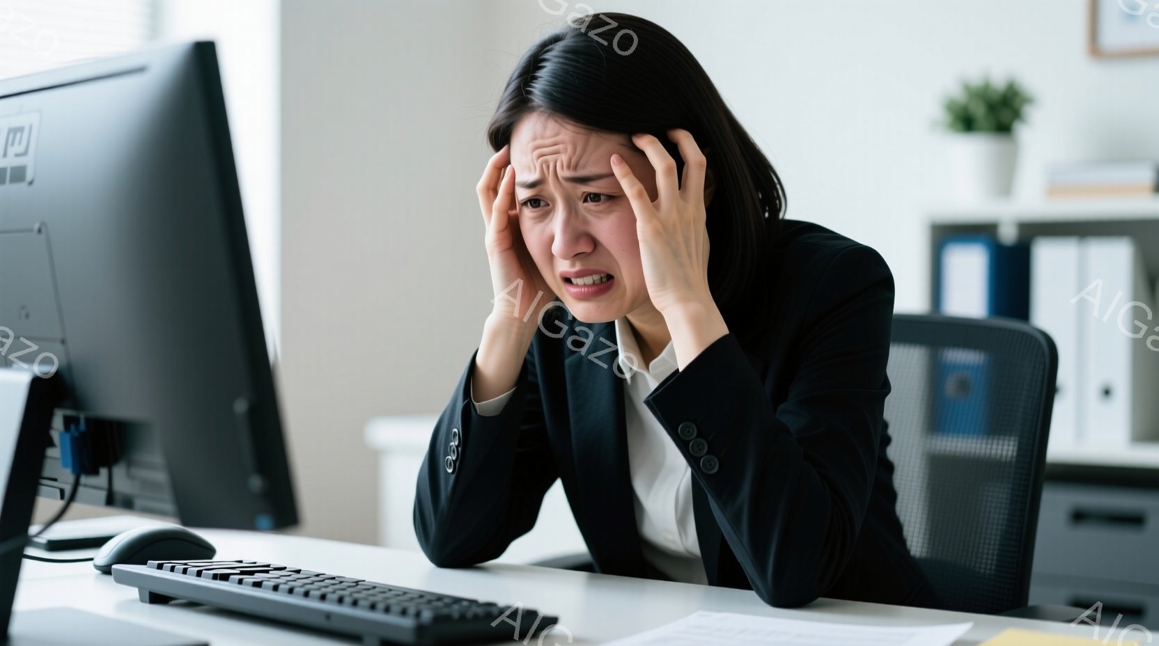 黒いスーツを着た若い女性がデスクに座り、両手で頭を抱えています。彼女は非常に困惑し、苦痛に満ちた表情をしています。背景にはオフィス家具や書類が写っており、全体的にストレスやプレッシャーを感じさせる雰囲気です。