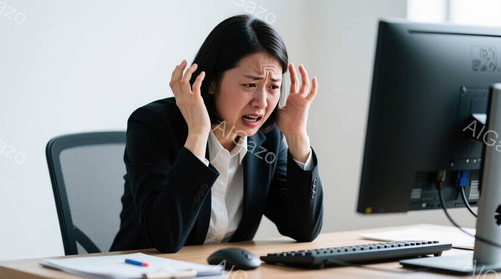 スーツを着た若い女性が、デスクの前で両手で耳を塞いでいます。彼女の表情は苦痛に満ちており、まるで何か恐ろしい音を聞いているかのようです。背景にはコンピューターモニターやオフィス用品が見え、室内で仕事をしている状況が伺えます。