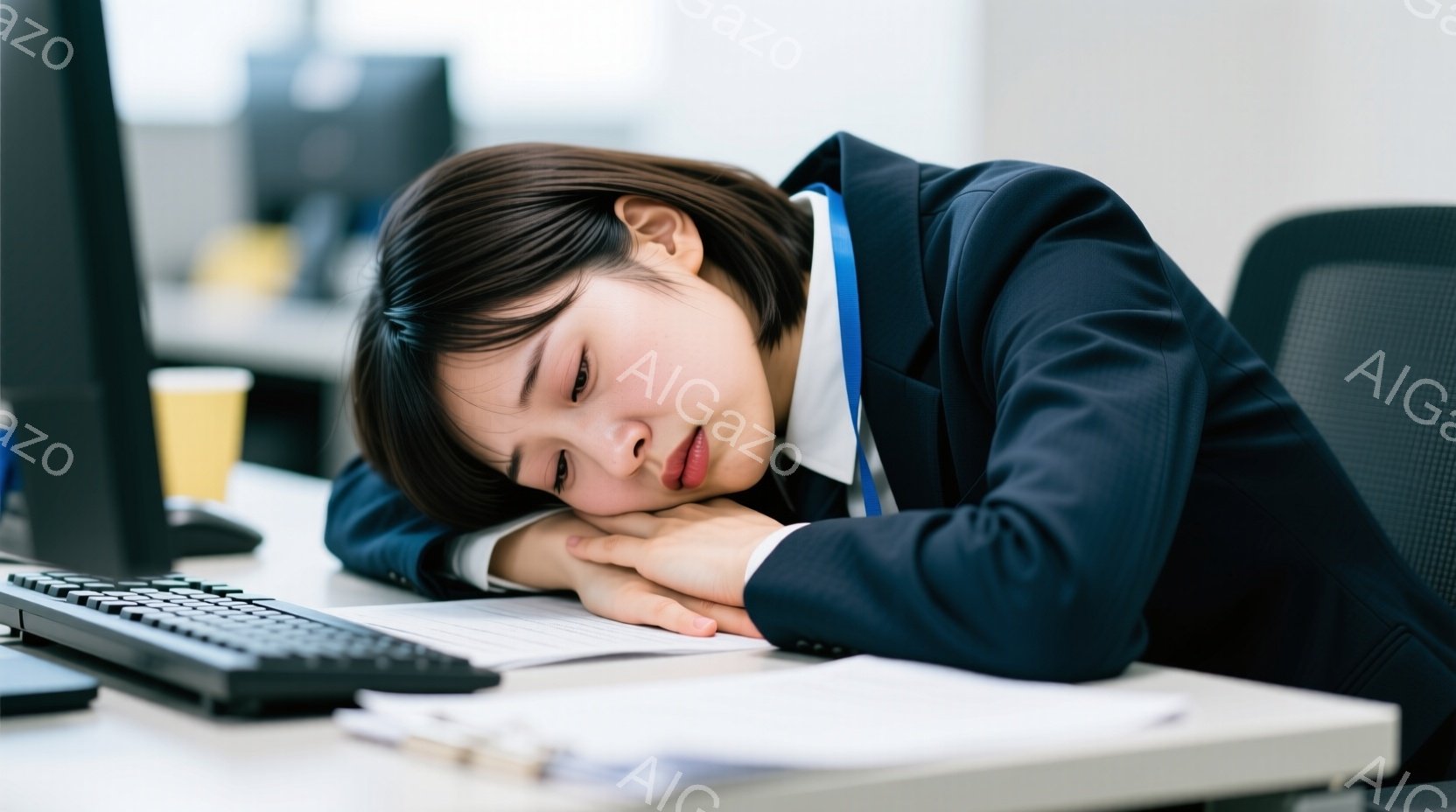 オフィスでデスクに突っ伏している若い女性が写っています。彼女は紺色のジャケットと白いシャツを着ており、首には身分証明書のようなものが掛かっています。疲れた表情で目を閉じ、片手を頬に当てて眠っているかのように見えます。
