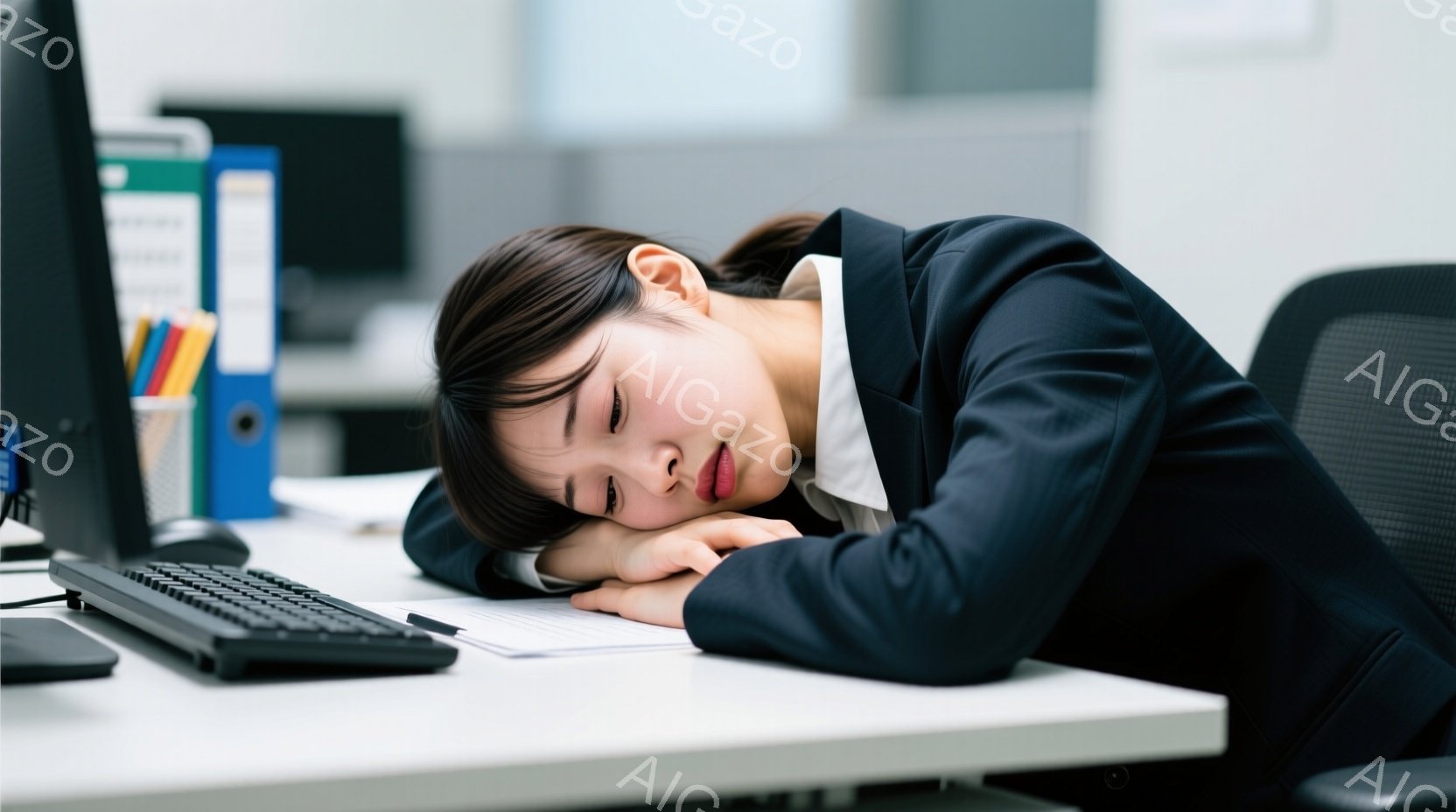 オフィスでデスクに突っ伏している若い女性が写っています。彼女は紺色のスーツと白いシャツを着ており、髪は後ろでまとめられています。彼女の表情は疲れており、明らかに眠っているか、非常に疲れきっています。