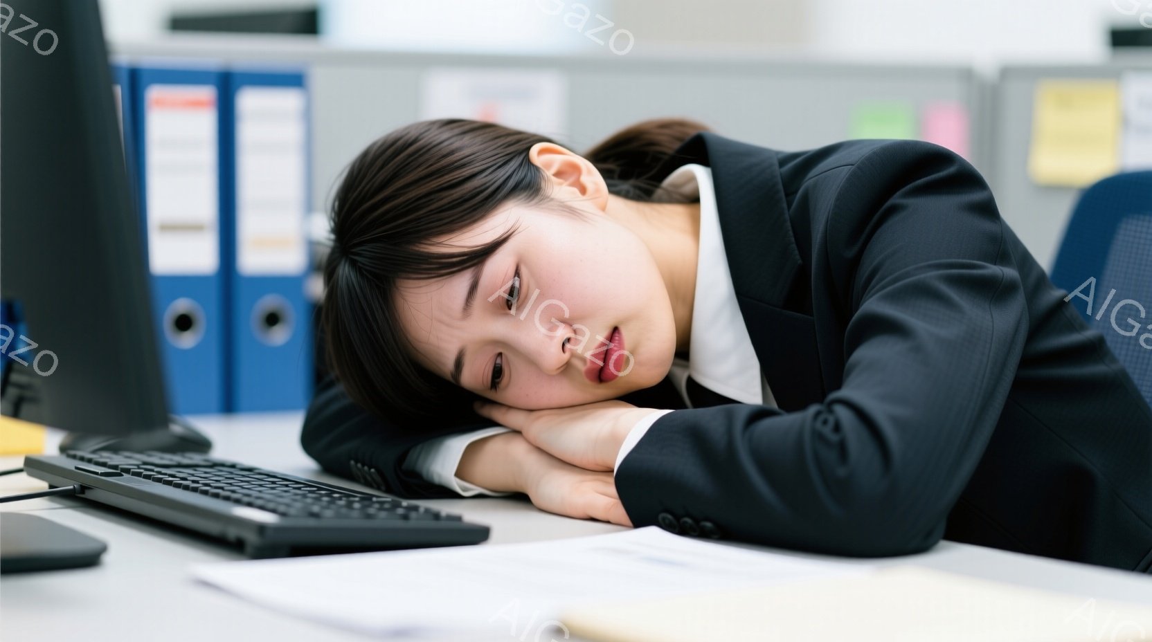 女性は黒いスーツを着ており、髪は後ろで一つにまとめられています。彼女はオフィスでデスクに突っ伏し、疲労困憊した表情をしています。背景には青いファイルボックスや書類が散らばっており、オフィスの一室であることがわかります。