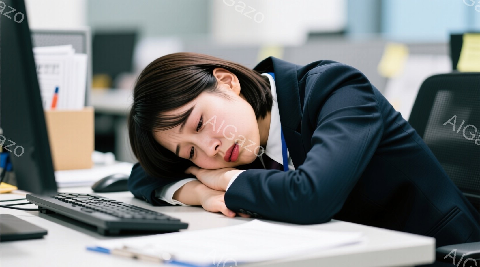 オフィスでデスクに突っ伏している若い女性が写っています。彼女は紺色のスーツと白いシャツを着ており、髪は短くダークブラウンです。疲れた表情で、眠気を感じている様子がうかがえます。