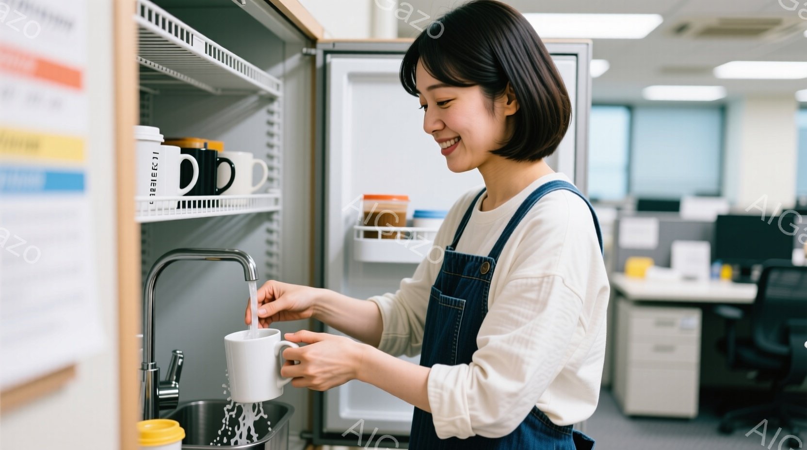 女性は白いオーバーオールの上にクリーム色の長袖シャツを着ており、短くダークブラウンのヘアスタイルで微笑んでいます。彼女はオフィス内の小さなシンクで白いマグカップを洗い、片手を水栓に、もう片手でカップを - AI生成フリー素材