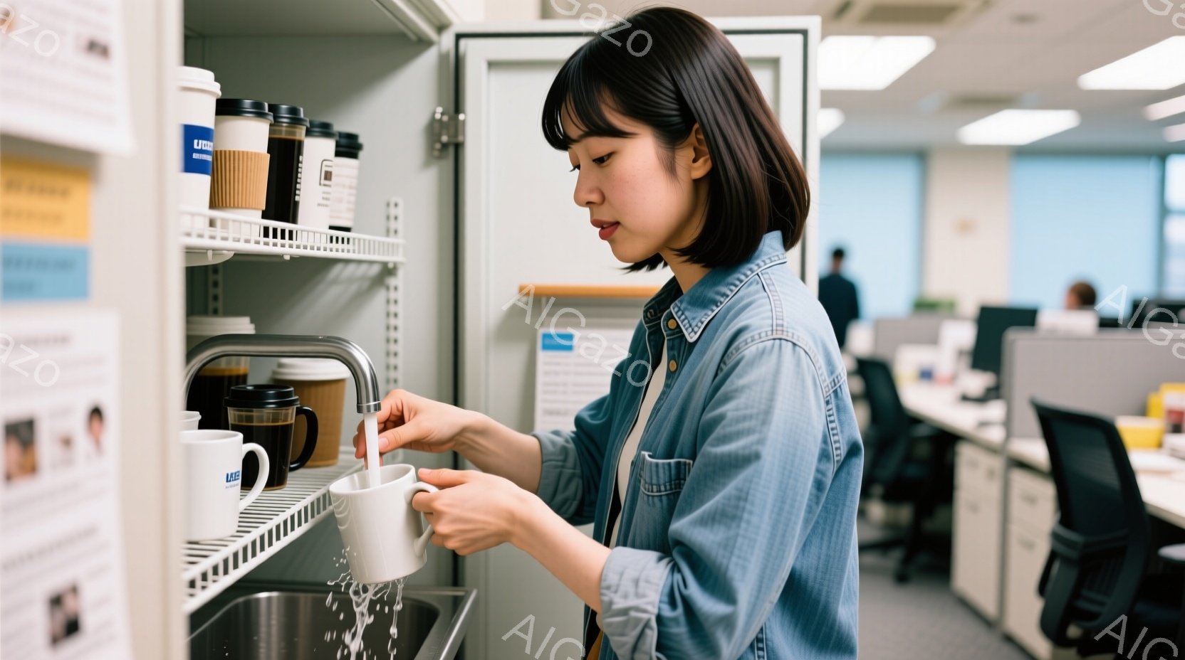 女性は、オフィス内のシンクでコーヒーカップを洗っています。彼女は肩までの長さのダークブラウンの髪で、ブルーのデニムジャケットを着ています。背景にはオフィス内のデスクや他の従業員がぼやけて写っており、全体的に日常的で活気のある雰囲気です。