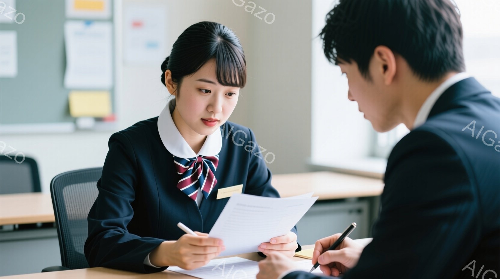 制服を着た若い女性が書類を見ながらペンを持っている、面接や相談の場面のようだ。彼女は黒髪を後ろにまとめ、真剣な表情で書類に集中している。背景には木製のテーブルと、書類が貼られた壁があり、室内は明るく清潔な印象を与える。