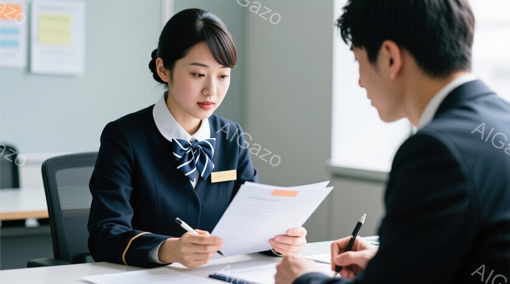制服を着た若い女性が書類を見ながらペンを持っている。彼女は黒髪で、真剣な表情で書類に集中している。背景にはオフィスのような空間が広がり、対面している男性も書類にペンを当てて何か書き込んでいる様子で、全 - AI生成フリー素材