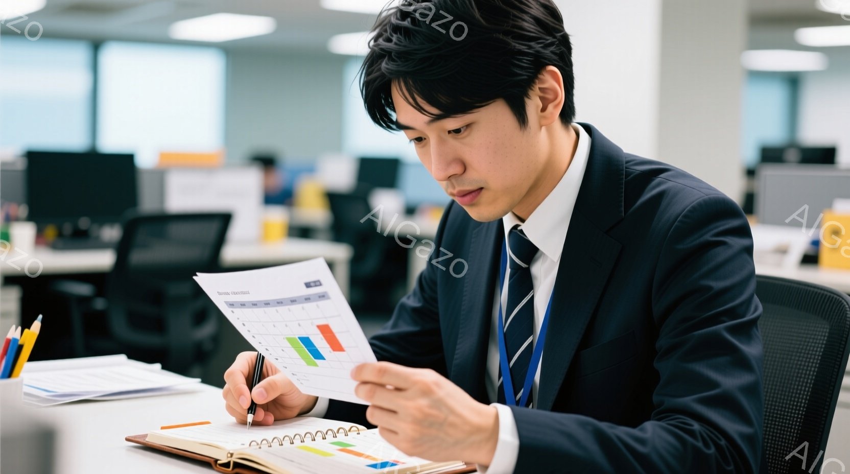 スーツとネクタイを着用した若い男性が、オフィスで書類に目を通しています。彼は少し前かがみの姿勢で、集中した表情でグラフが描かれた紙を見つめており、手にはペンを持っています。背景には他のオフィスワーカー - AI生成フリー素材