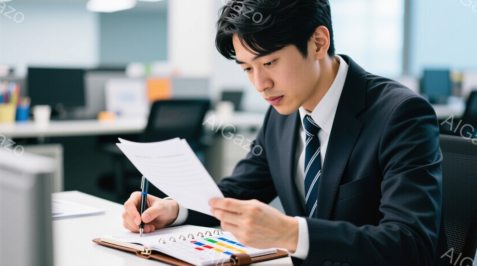 オフィス内で働く若い男性を描いています。彼は正式なビジネススーツに着き、髪がパーマで直り、表情は集中しているようです。手は資料の前に置き、文書を記入しています。彼は椅子に座っており、周囲には一般的なオ - AI生成フリー素材