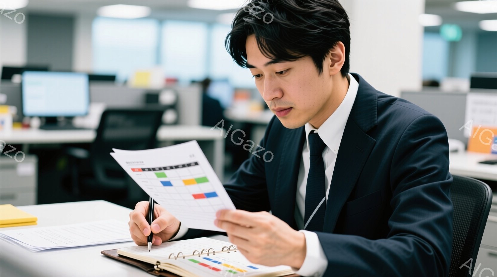 スーツとネクタイを着用した若い男性が、オフィスで書類を見ながらノートに書き込んでいる。彼は真剣な表情で前を見つめ、集中して作業に取り組んでいる様子がうかがえる。背景には他のオフィスワーカーやデスク、そ - AI生成フリー素材
