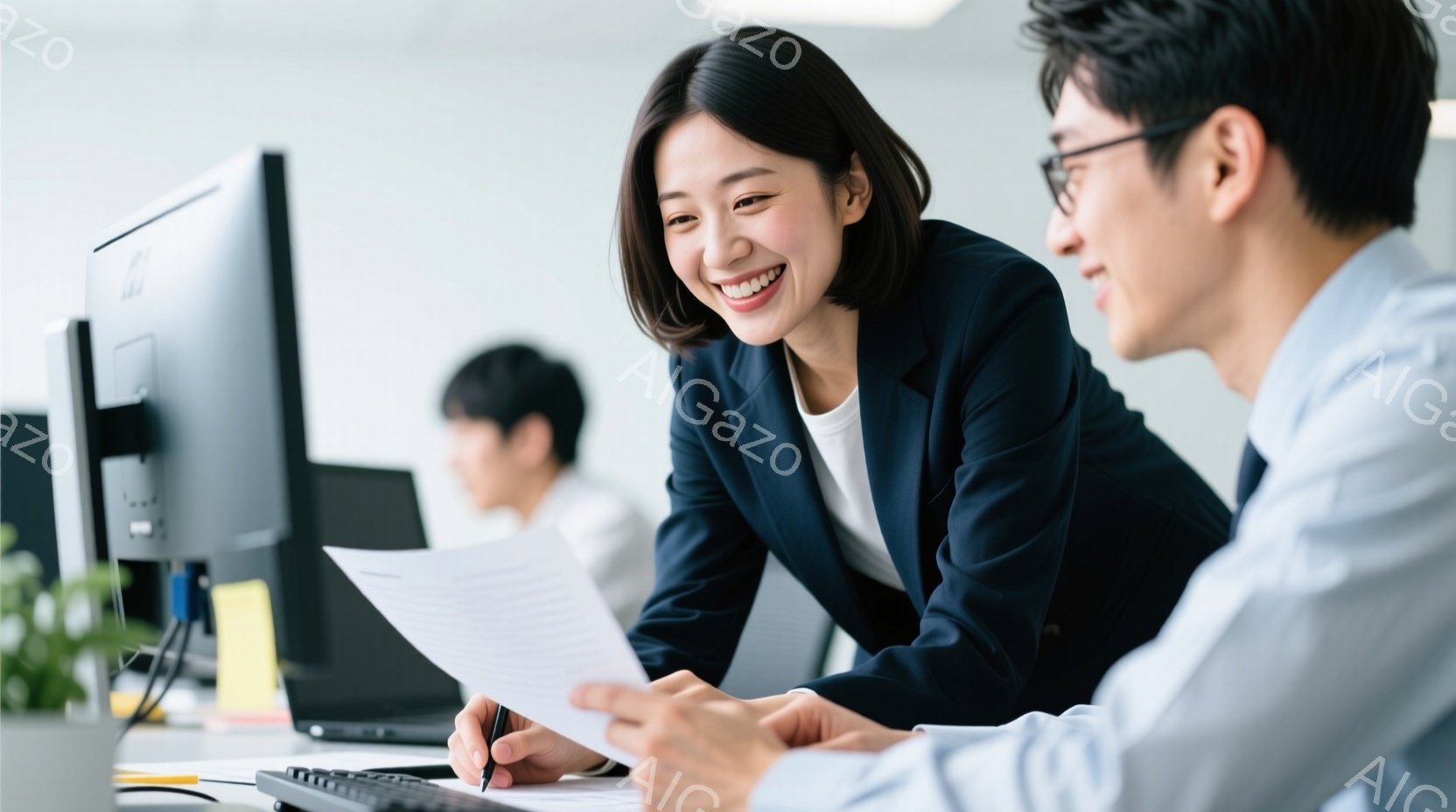 オフィスで書類を見ながら笑顔で話している二人のビジネスパーソンが写っています。女性はダークブルーのジャケットと白いシャツを着ており、髪は肩にかかる長さで軽くカールしています。男性は白いシャツを着ており - AI生成フリー素材